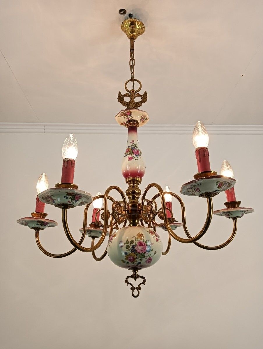 Lovely Italian Chandelier Brass With Porcelain Pink Flowers Pattern 6 Lights Vin photo buy