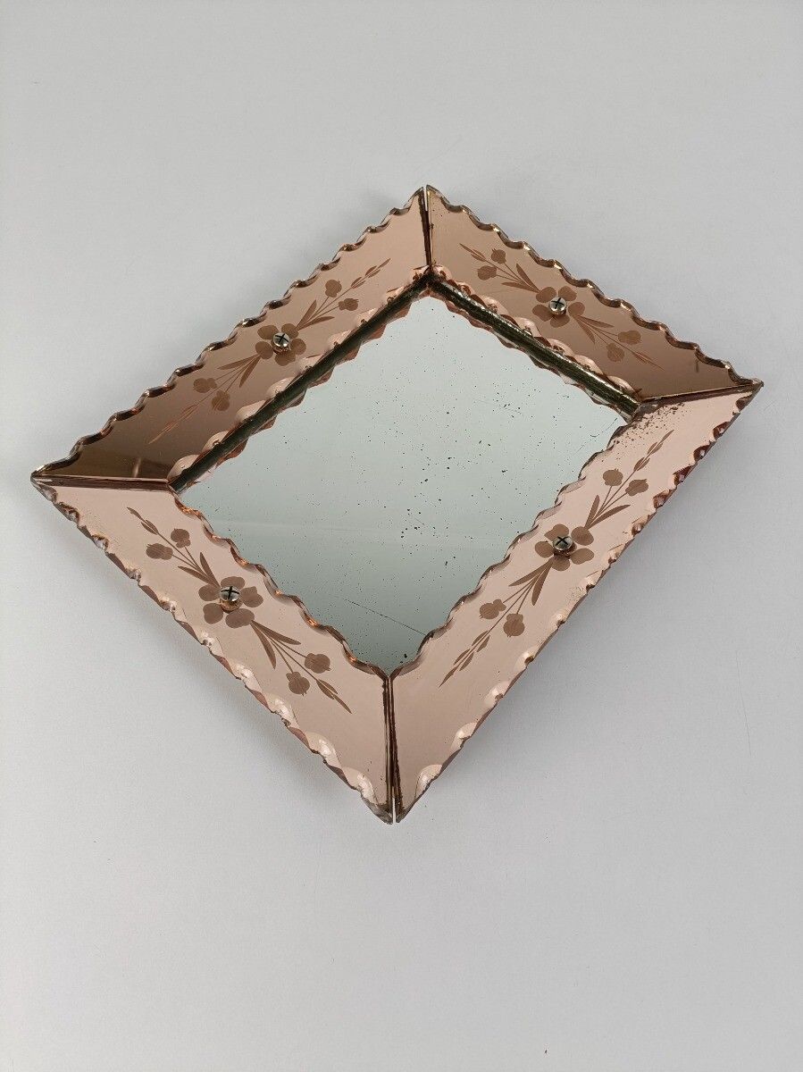 Small Venetian Mirror Ornate Etched Cut To Clear Glass Panels Pink Clear Art Nou photo for sale