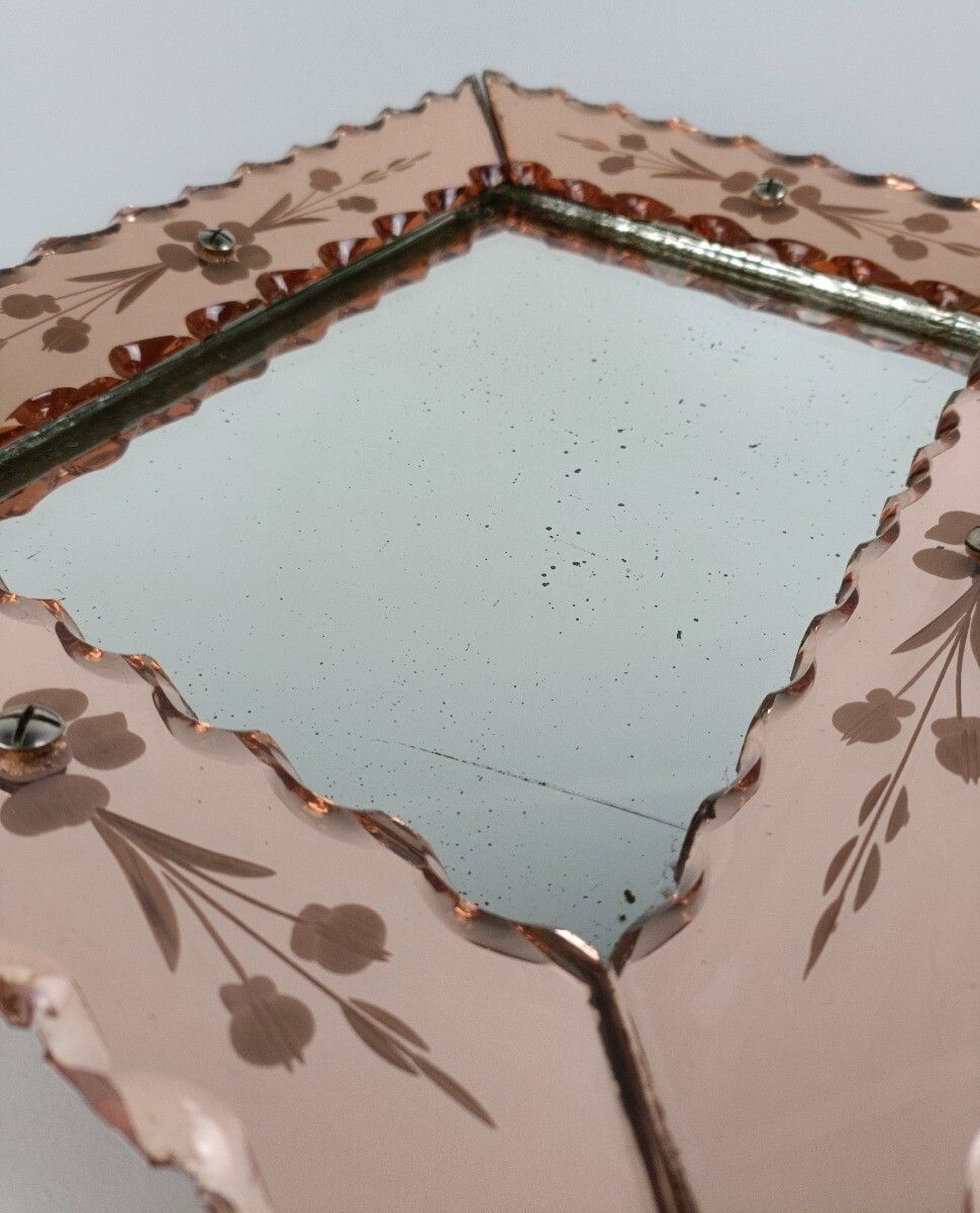 Small Venetian Mirror Ornate Etched Cut To Clear Glass Panels Pink Clear Art Nou photo Home Decor