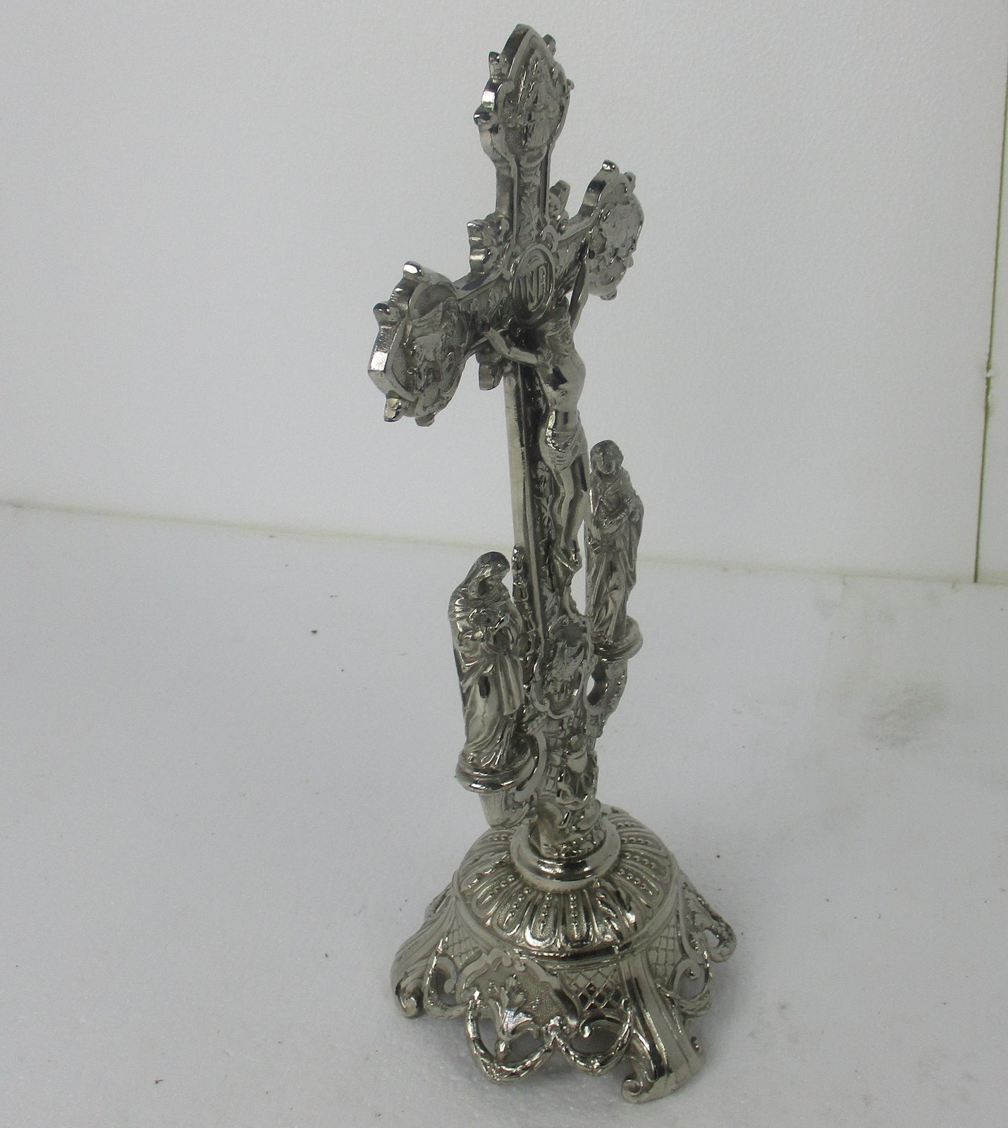 Beautiful Vintage French Standing Table Crucifix Cross Calvary Jesus Christ Mid photo vinterior