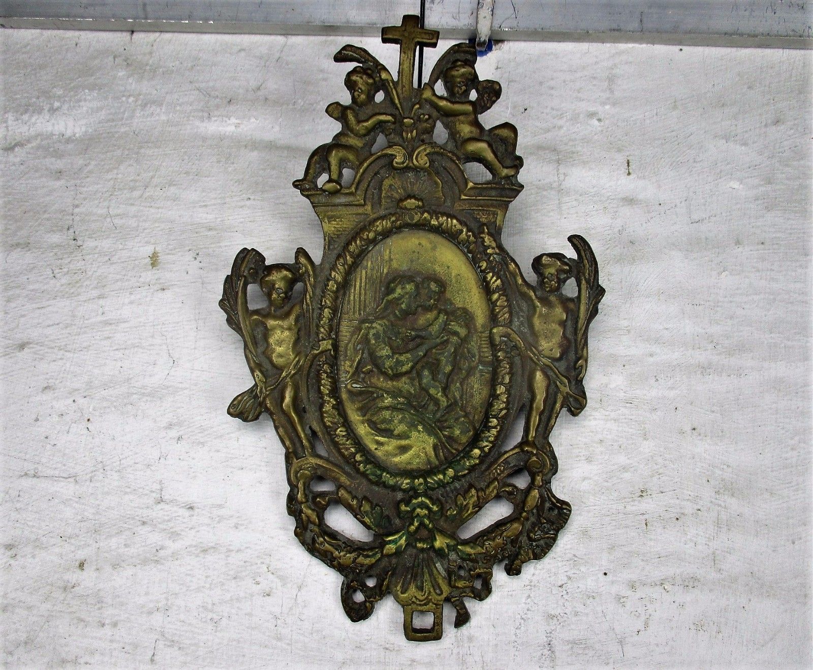 Antique Brass Ornate Plaque Church Virgin Child Angel Collector Wall Hanging Htf