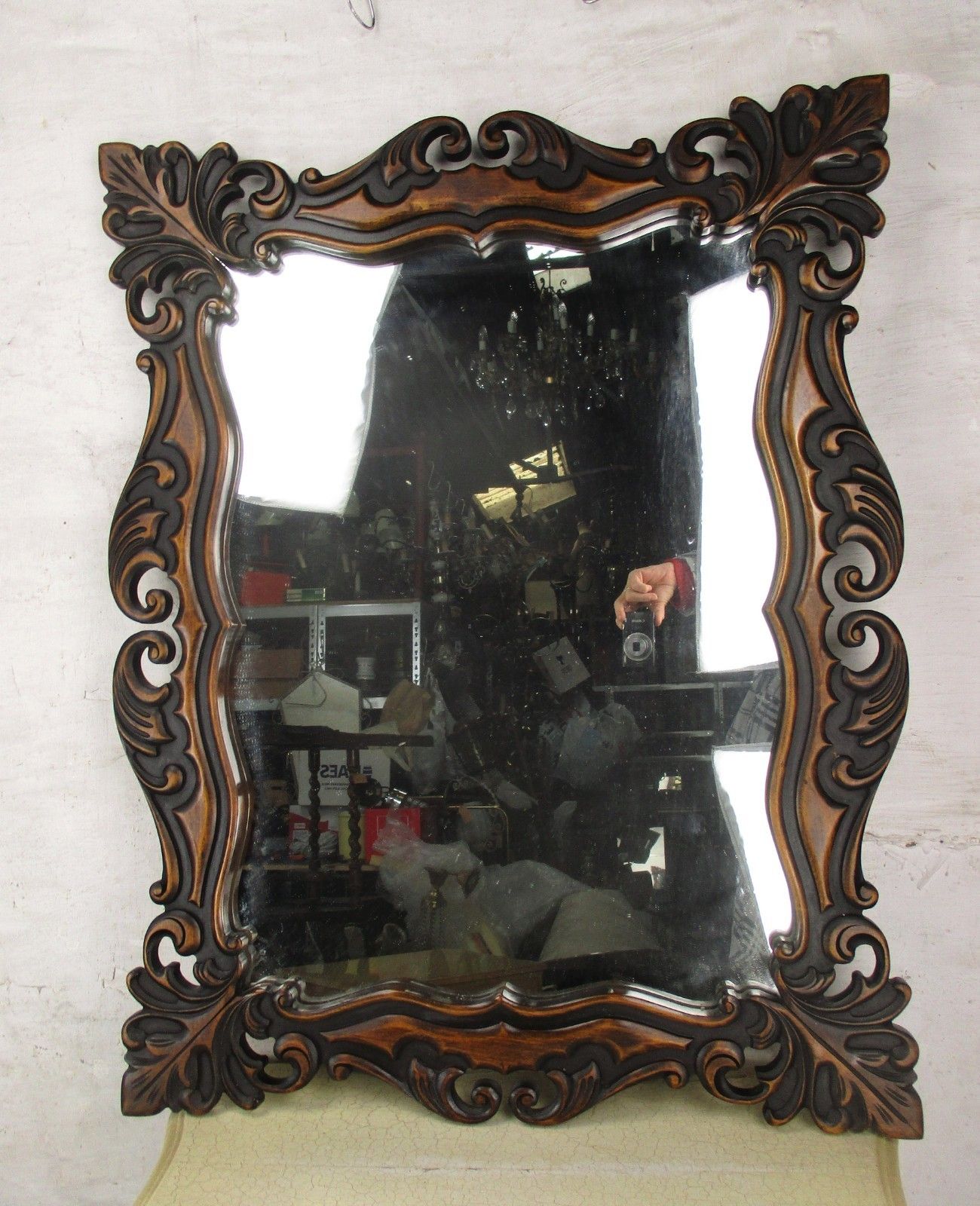 Large Wooden Wall Hanging  Mirror Ornate Vanity Dresser Hallway 34" X 26 photo for sale
