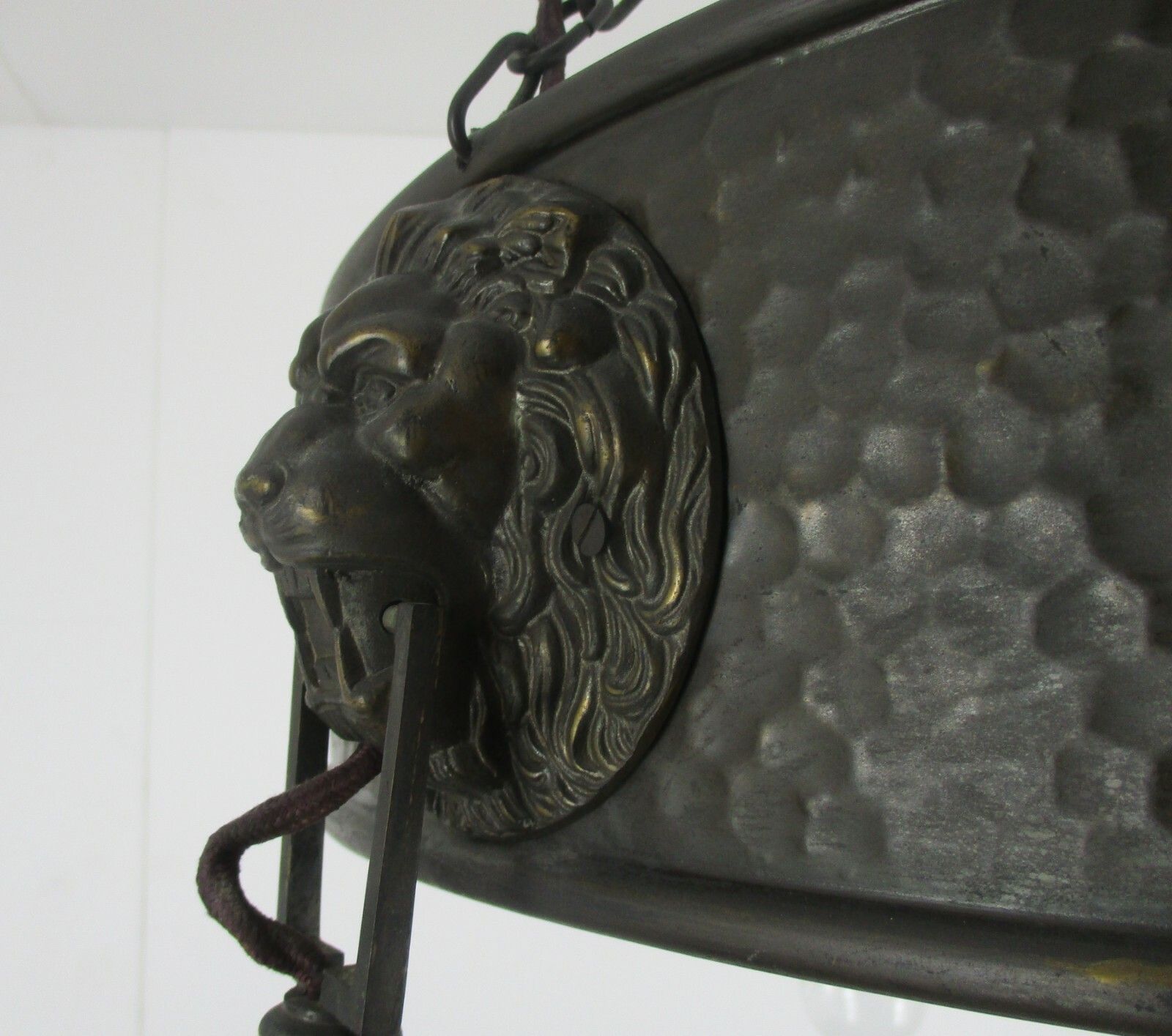 photo furniture Art Deco Nouveau Chandelier 3 Lights Ornate Hammered Brass Lion Heads Antique