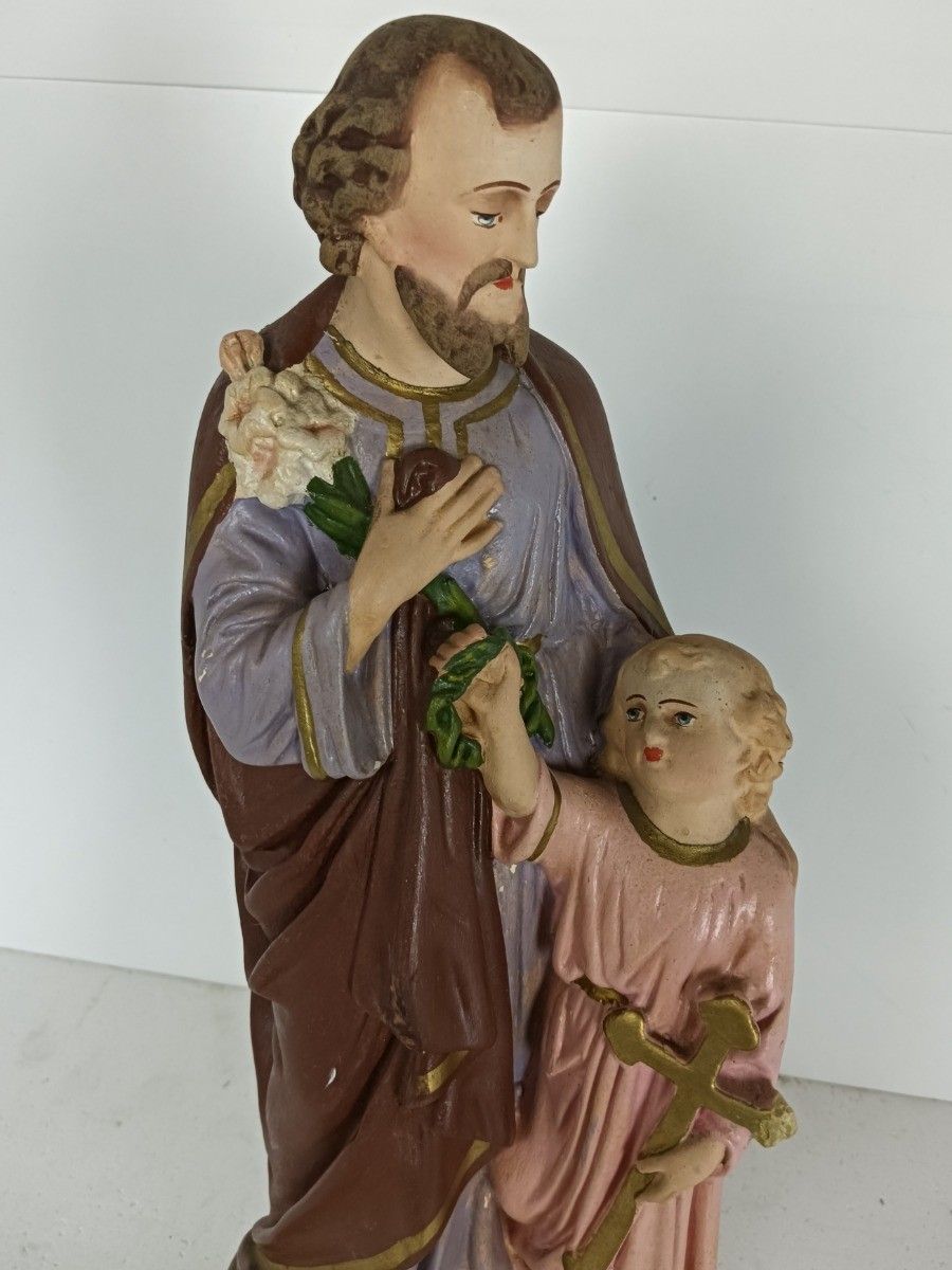 Statue Saint Joseph Protector Of Homes Infant Jesus Statue Neo Gothic Antique Po photo for sale