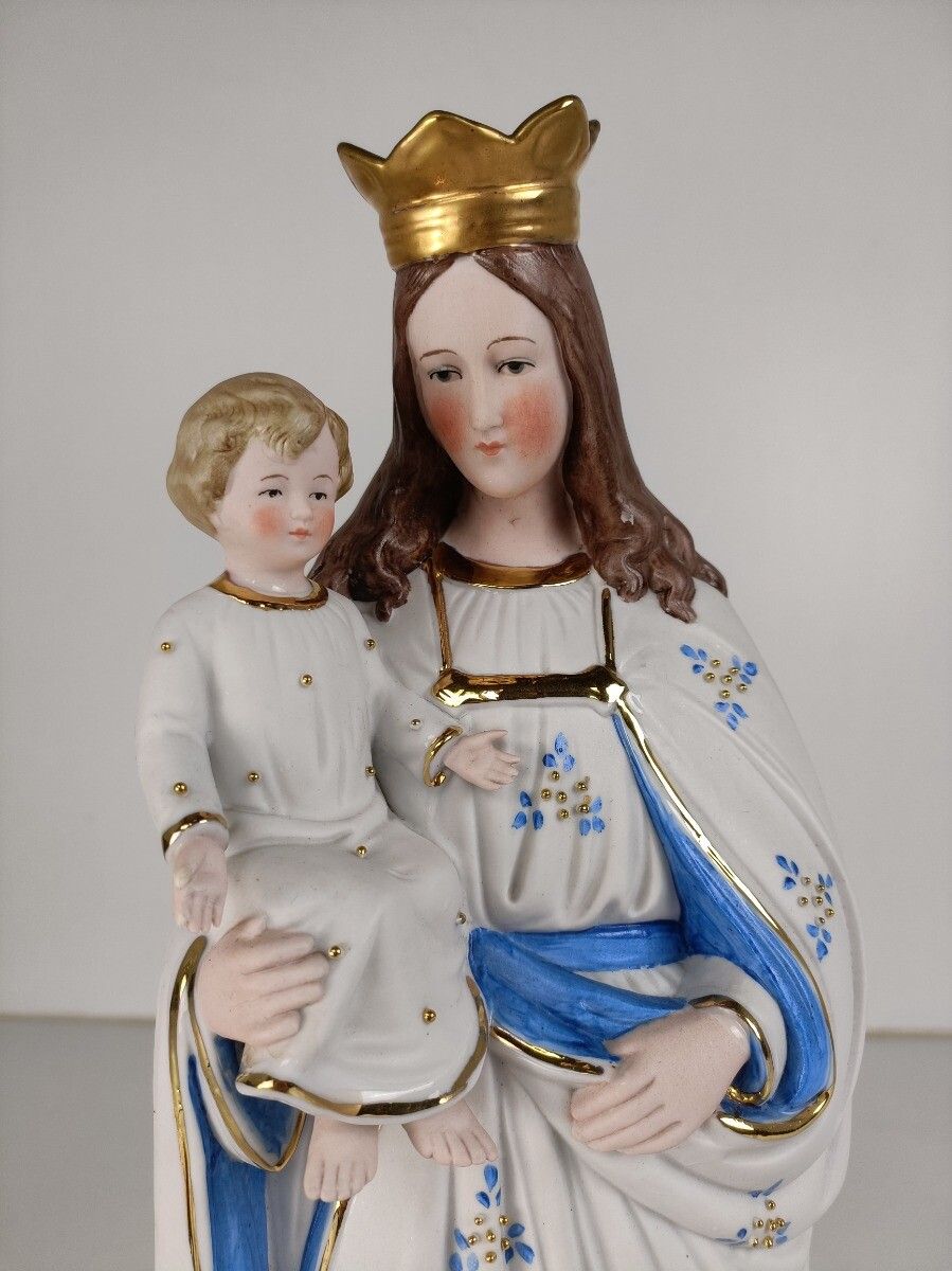 Vintage Porcelain Bisque Statue Virgin Mary Our Lady Madonna Infant Child Jesus photo vintage