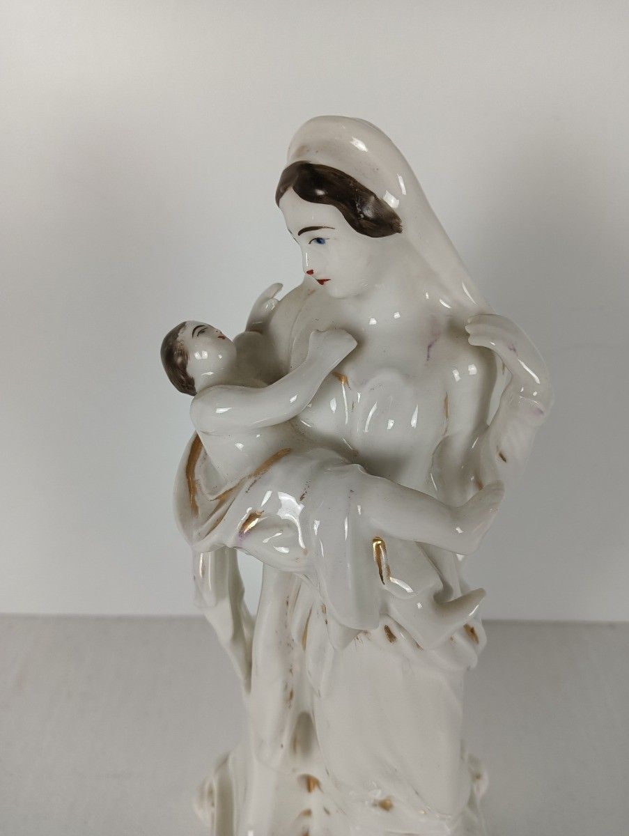 Antique 1900 Vieux Paris Porcelain Bisque Statue Virgin Mary Madonna With Infant photo buy
