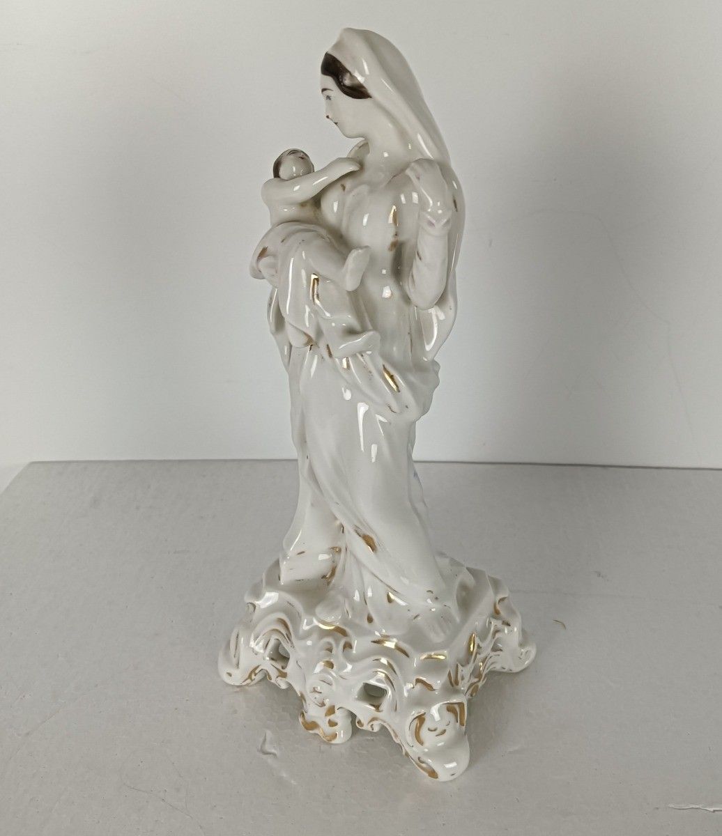 Antique 1900 Vieux Paris Porcelain Bisque Statue Virgin Mary Madonna With Infant photo vintage