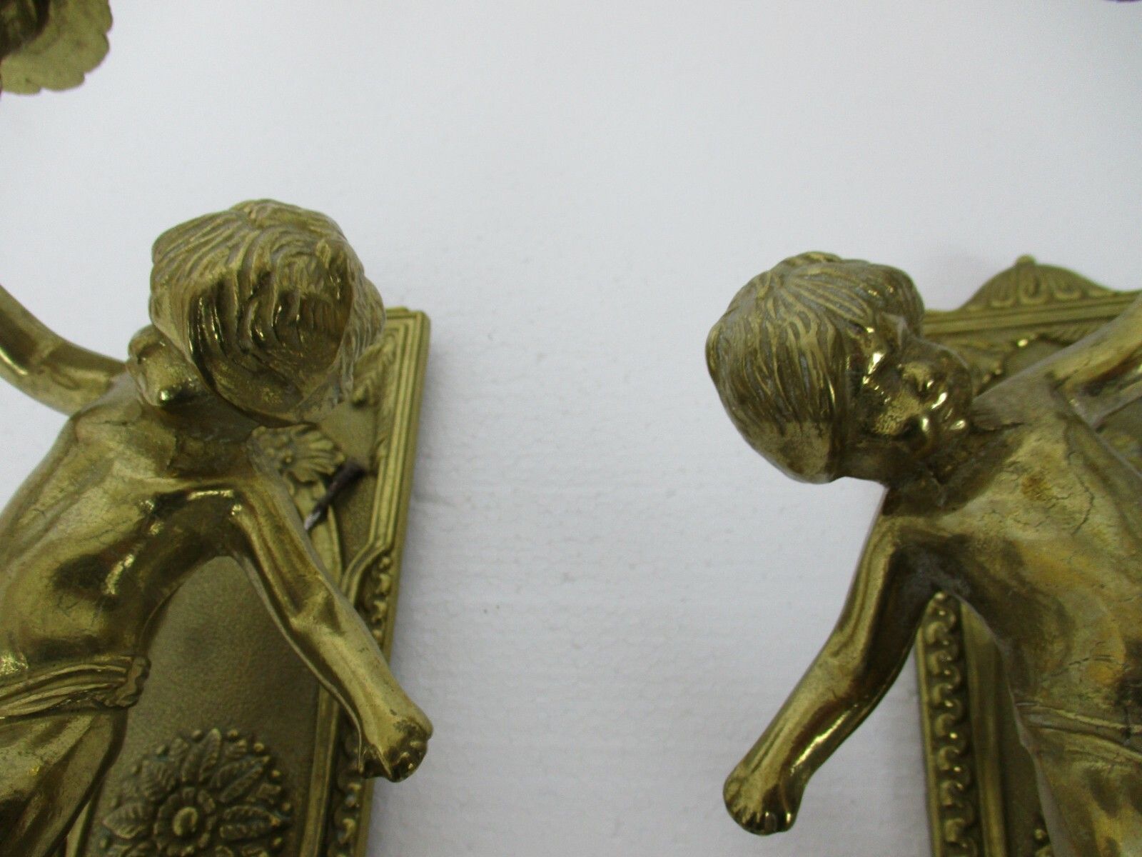 Pair Gorgeous Wall Mounted Sconces Candle Holders Putti Cherub Angels Brass photo furniture
