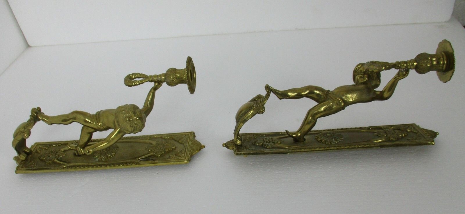 Pair Gorgeous Wall Mounted Sconces Candle Holders Putti Cherub Angels Brass photo 263.0