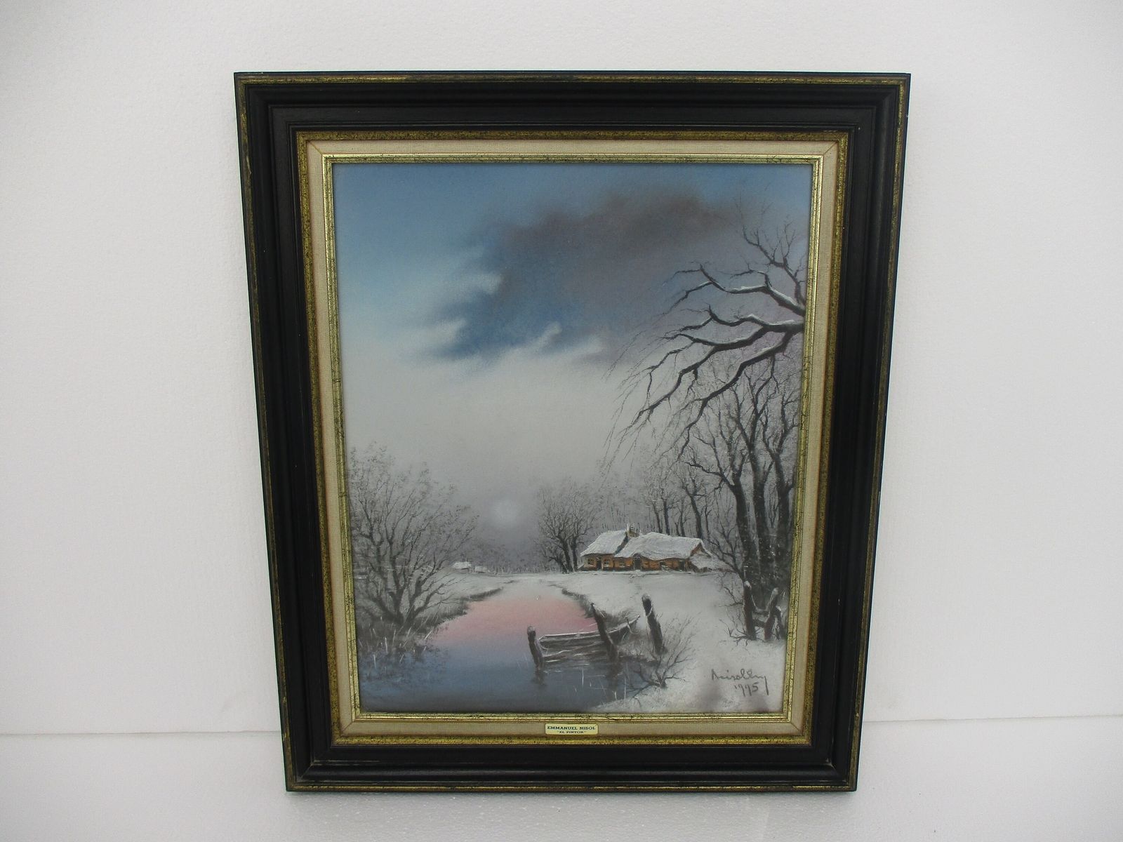 Crayon Painting Framed Glass Gorgeous Winter Landscape Signed Emmanuel Nisol Aka photo furniture