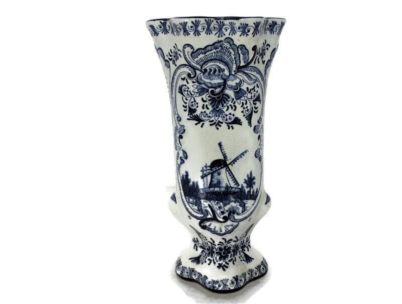 Antique Fazzoletto Vase Delft Holland Blue White Porcelain Marked Hand Painted W