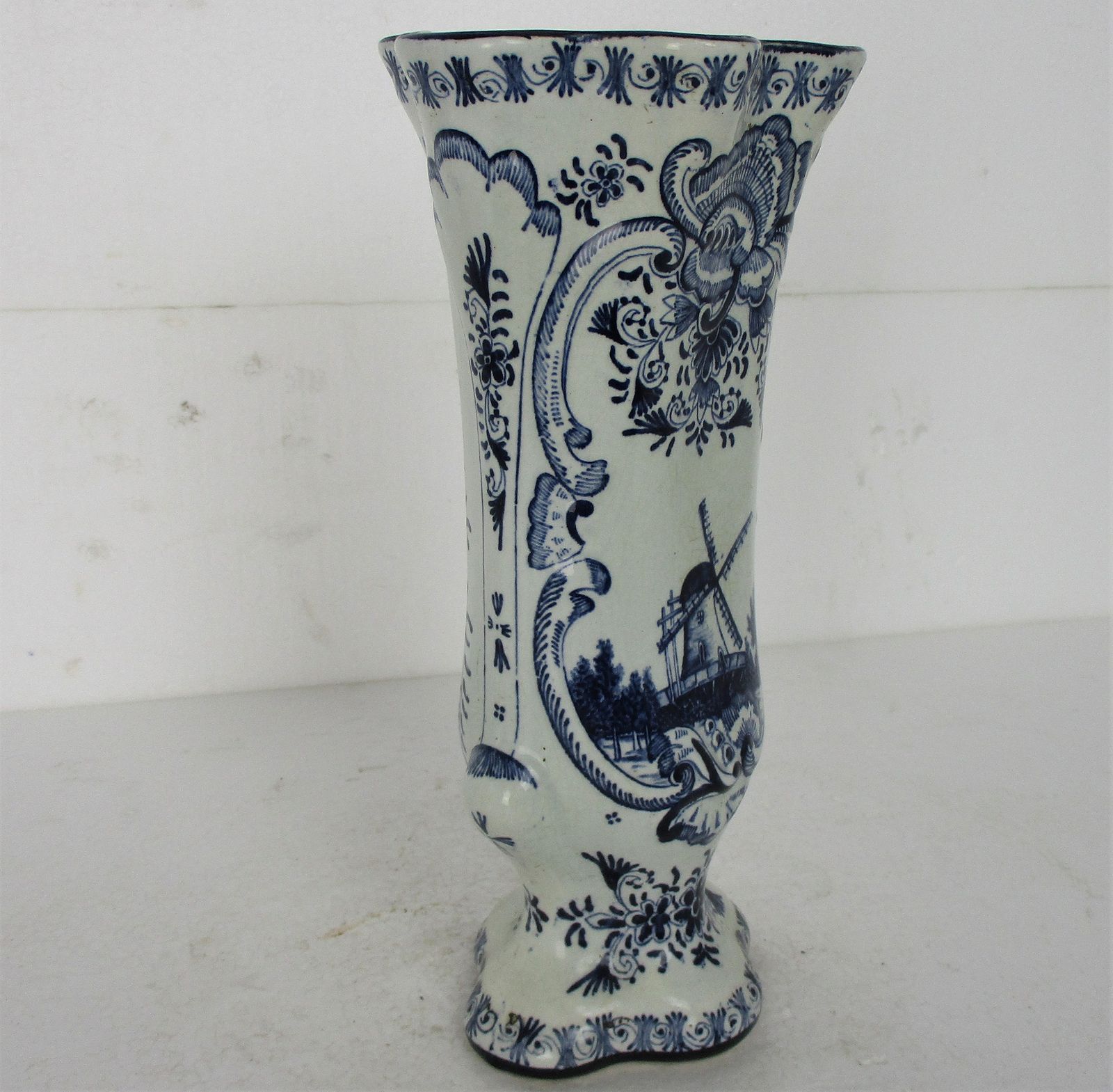 Antique Fazzoletto Vase Delft Holland Blue White Porcelain Marked Hand Painted W photo for sale