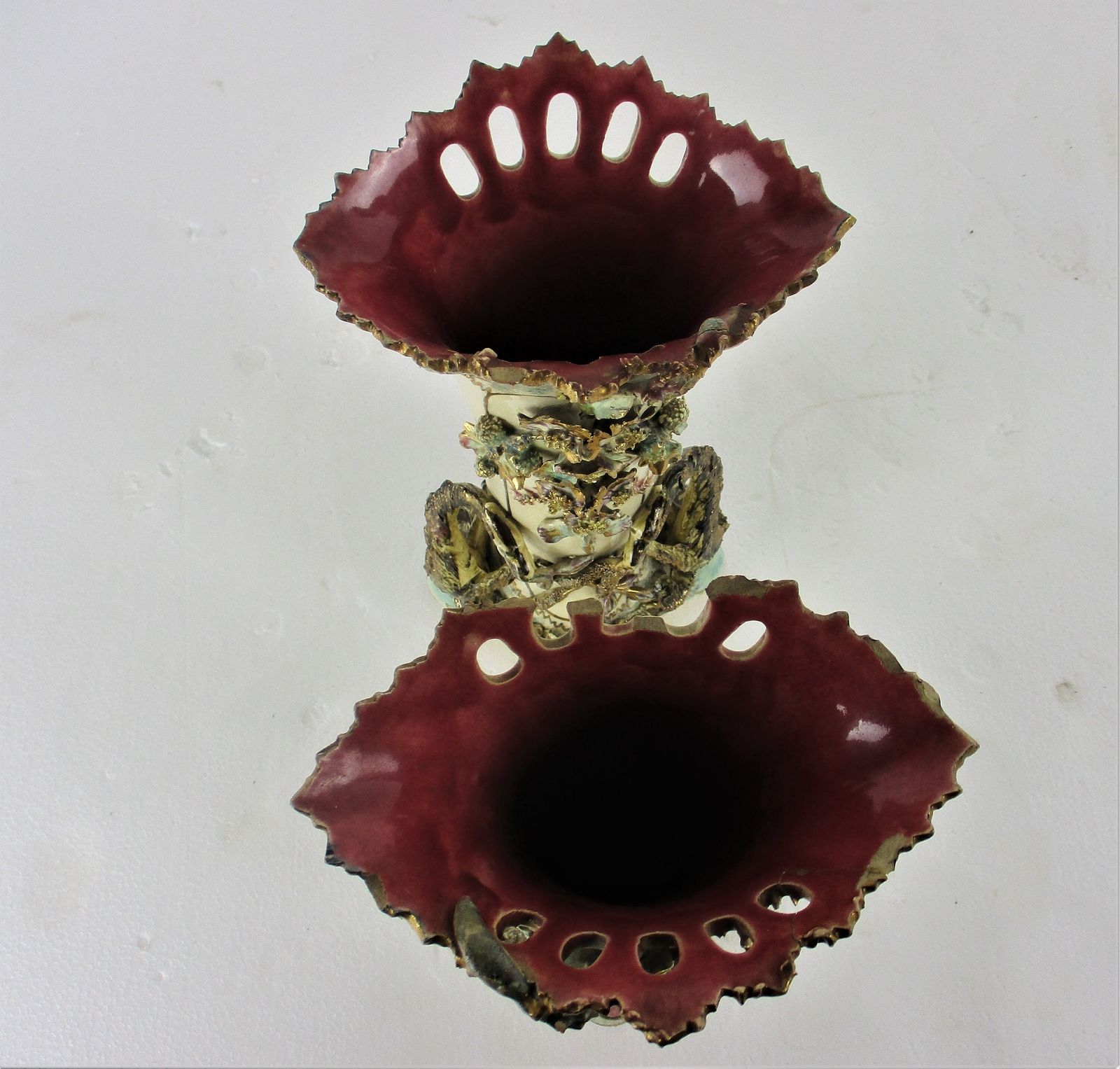 Set Of 2 Pair French Barbotine Majolica Vases Planters Centerpiece Gorgeous Flow photo vinterior