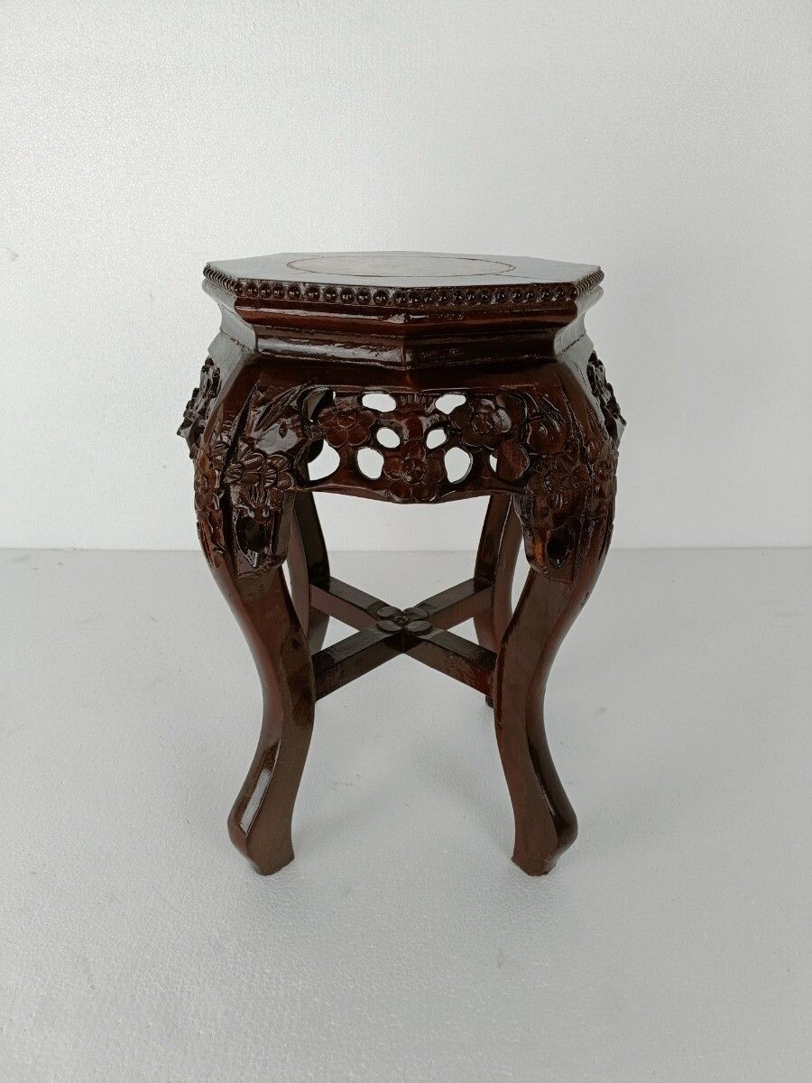Carved Wood Rosewood Chinese Marble Top Hall Console Bonsai Table Pedestal Tabou photo for sale
