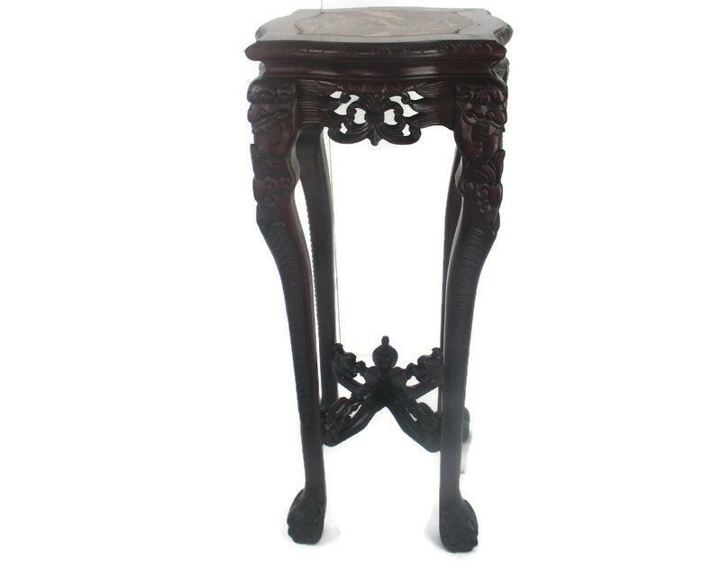 Hand Carved  Rosewood  Chinese Marble Top Hall Bonsaitable Pedestal  Dragons Wow