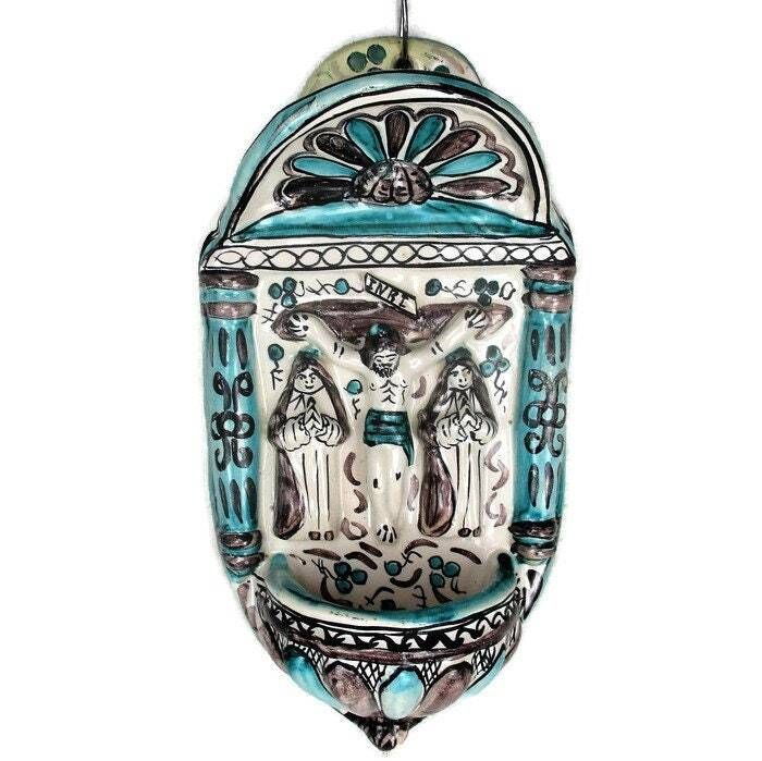 Xl Holy Water Font Vintage Italian Ceramic Marked G. M.Blue White Htf 13.18&Quot