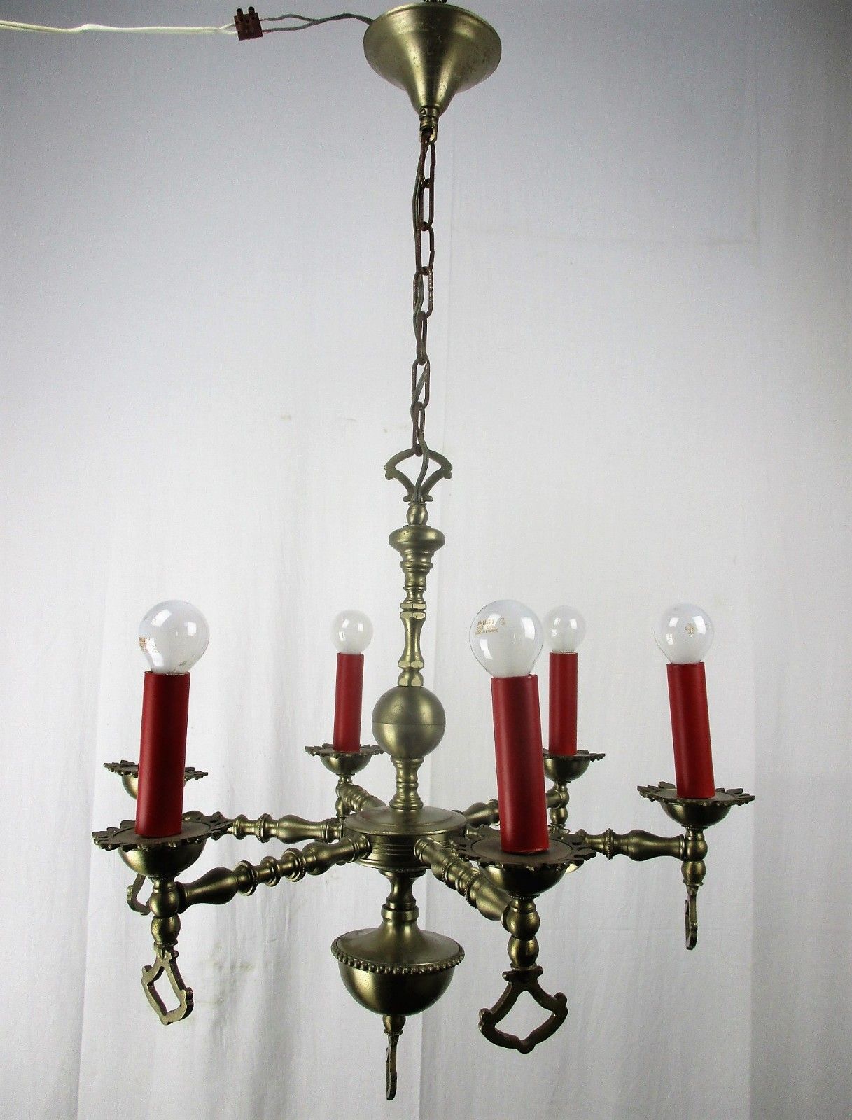 Chandelier 6 Lights Arms Ceiling Light Lamp Metal Tin Look Hobnails Very Rare photo for sale