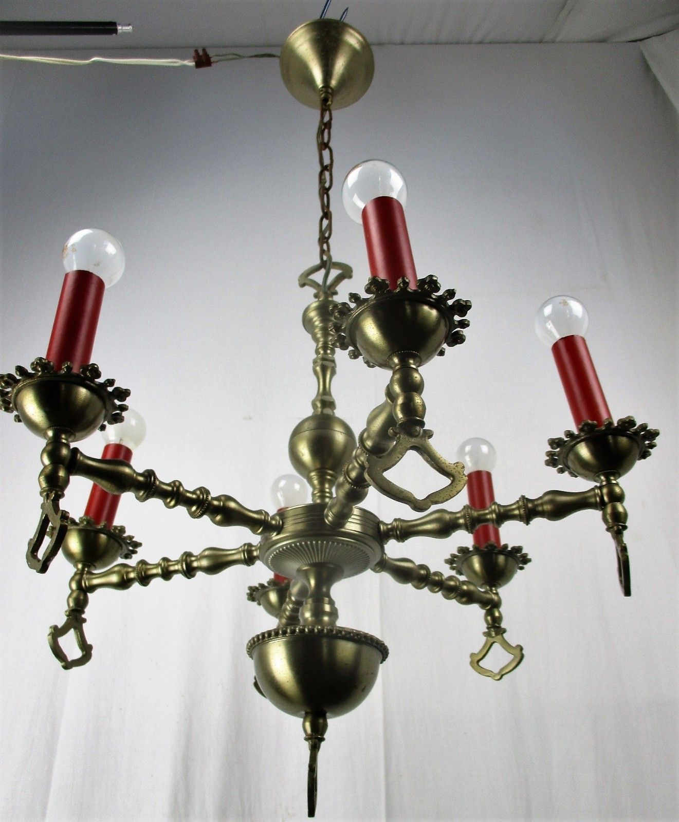 Chandelier 6 Lights Arms Ceiling Light Lamp Metal Tin Look Hobnails Very Rare photo Lighting