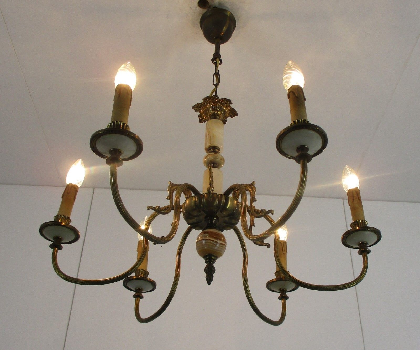 Chandelier 6 Arms Lights Hollywood Regency Brass Marble Parts Brass photo furniture