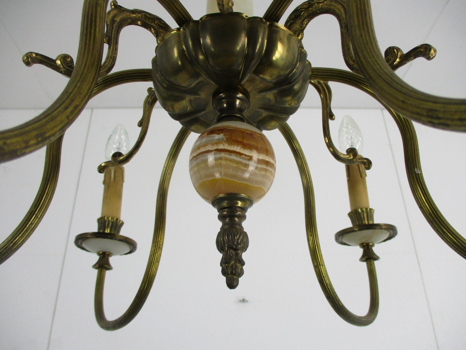 Chandelier 6 Arms Lights Hollywood Regency Brass Marble Parts Brass photo vinterior