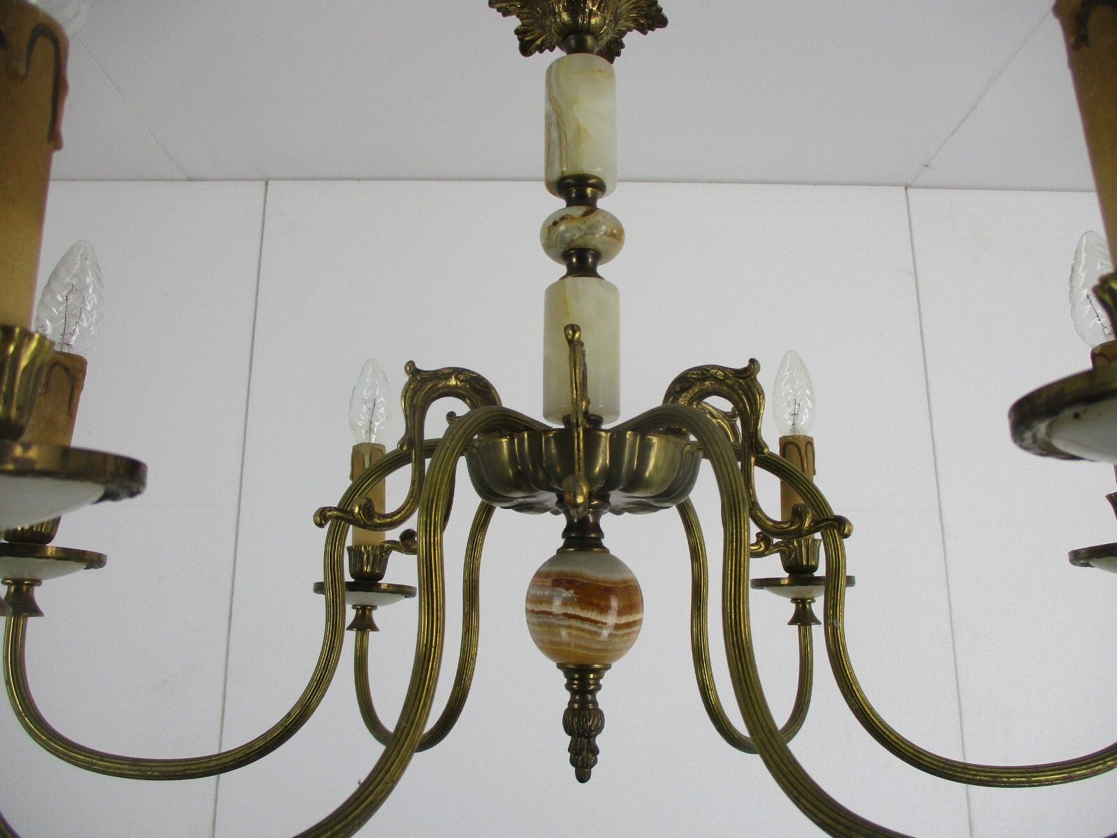 Chandelier 6 Arms Lights Hollywood Regency Brass Marble Parts Brass photo buy