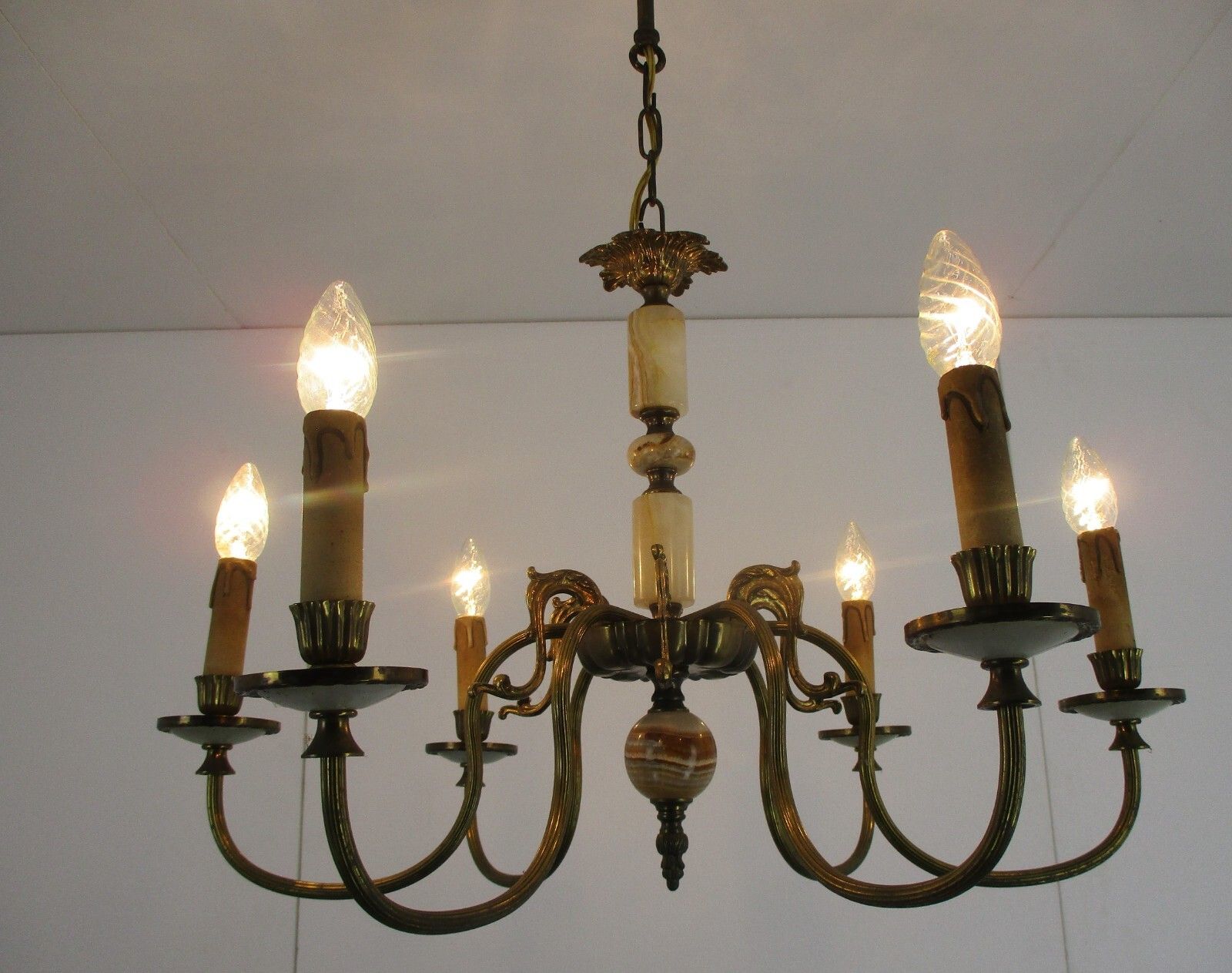 photo furniture Chandelier 6 Arms Lights Hollywood Regency Brass Marble Parts Brass