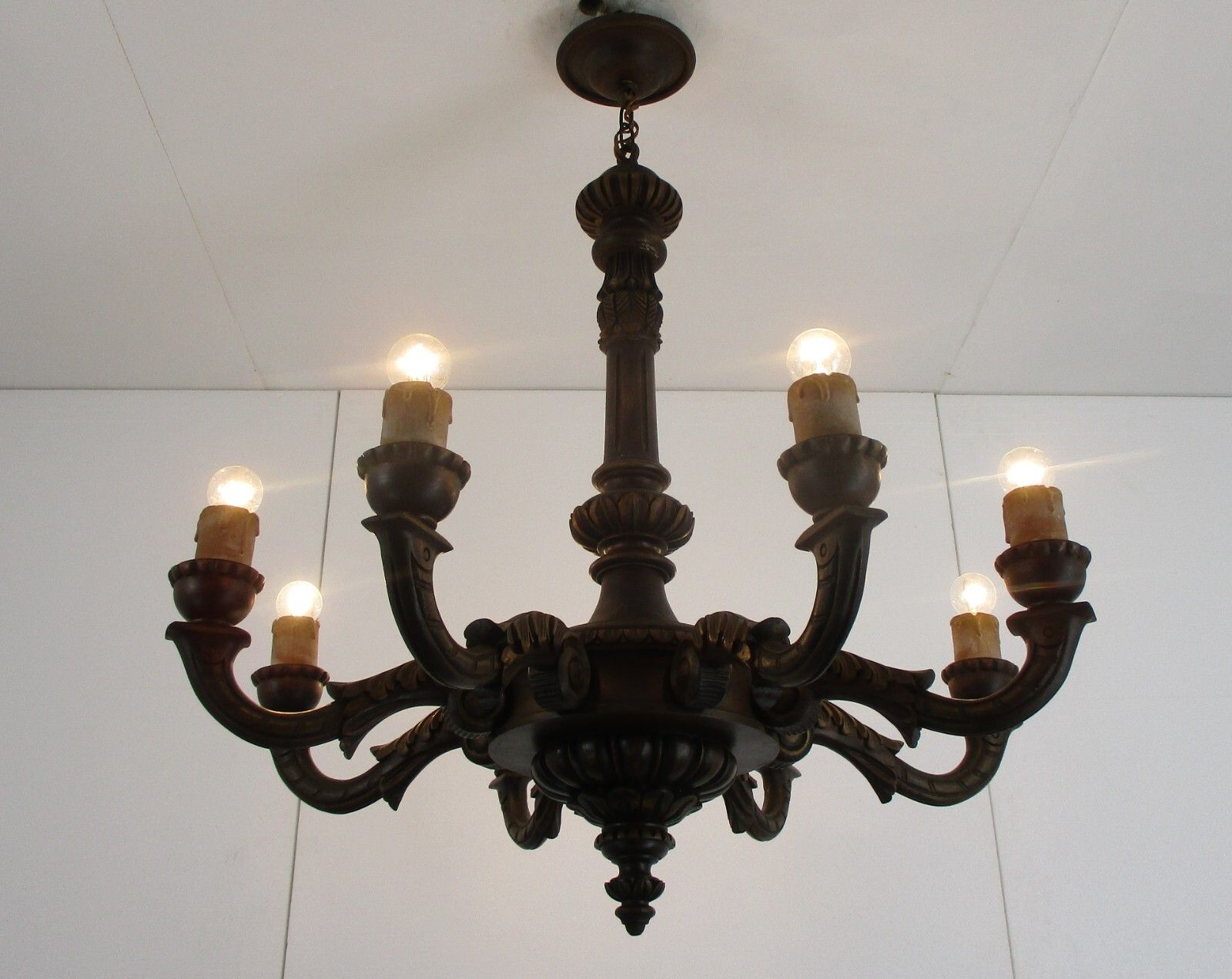 Hand Carved Wooden Chandelier Ornate 8 Arm Lights Mid Century Modern Gorgeous photo for sale