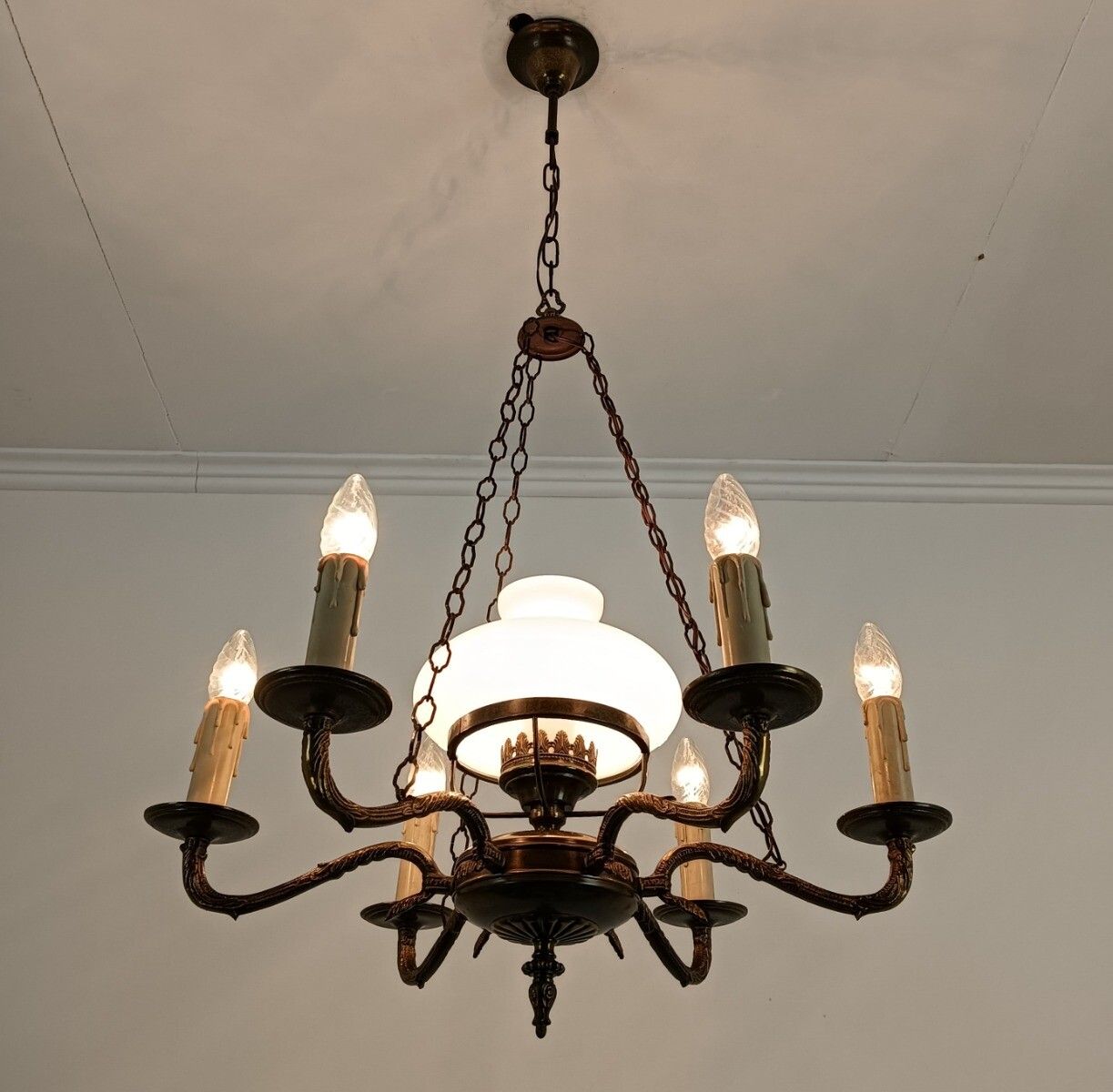 Ornate Brass Chandelier With White Glass Shade Lampe Belge Vintage Empire Style photo buy
