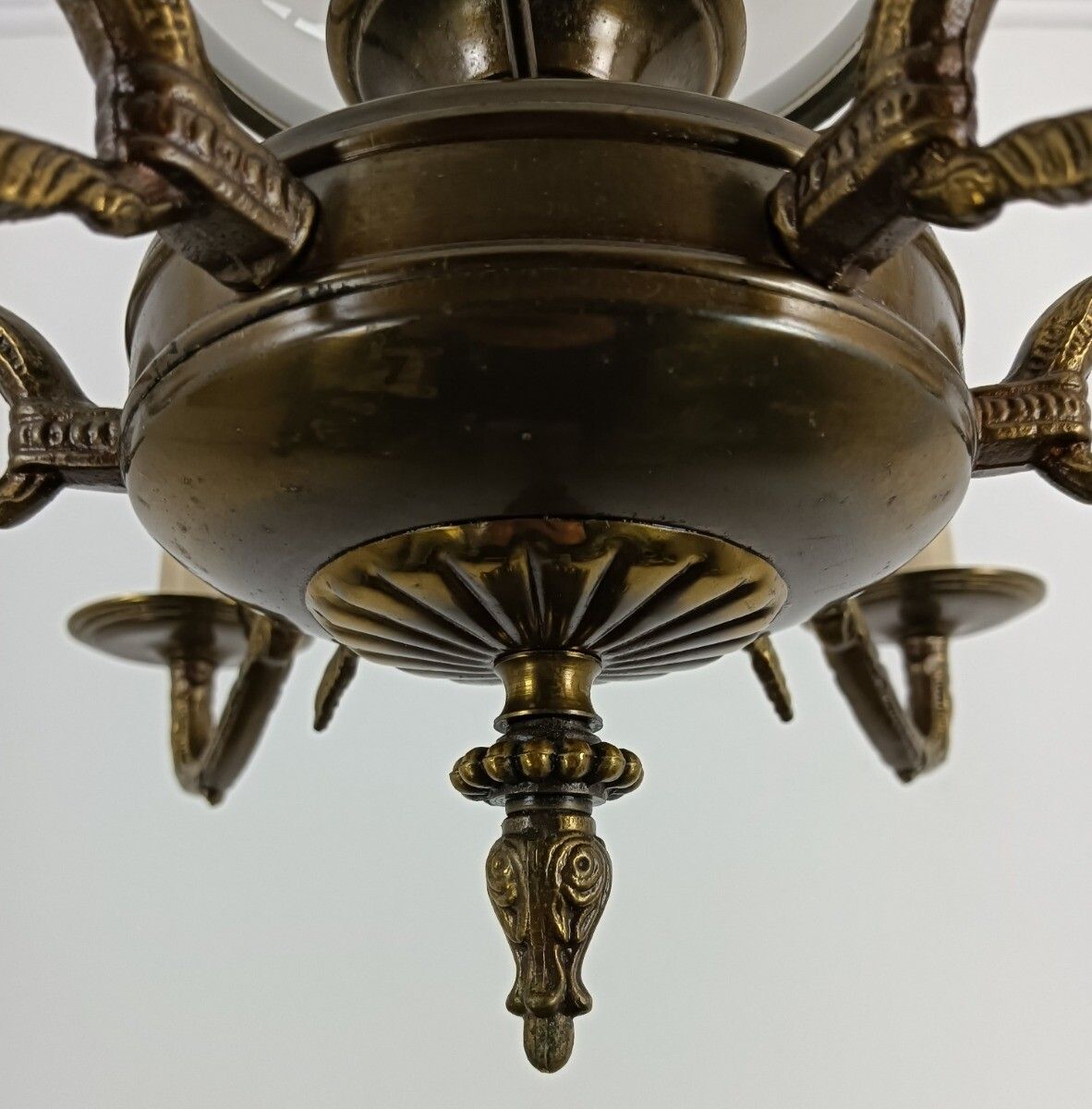 Lighting Ornate Brass Chandelier With White Glass Shade Lampe Belge Vintage Empire Style photo