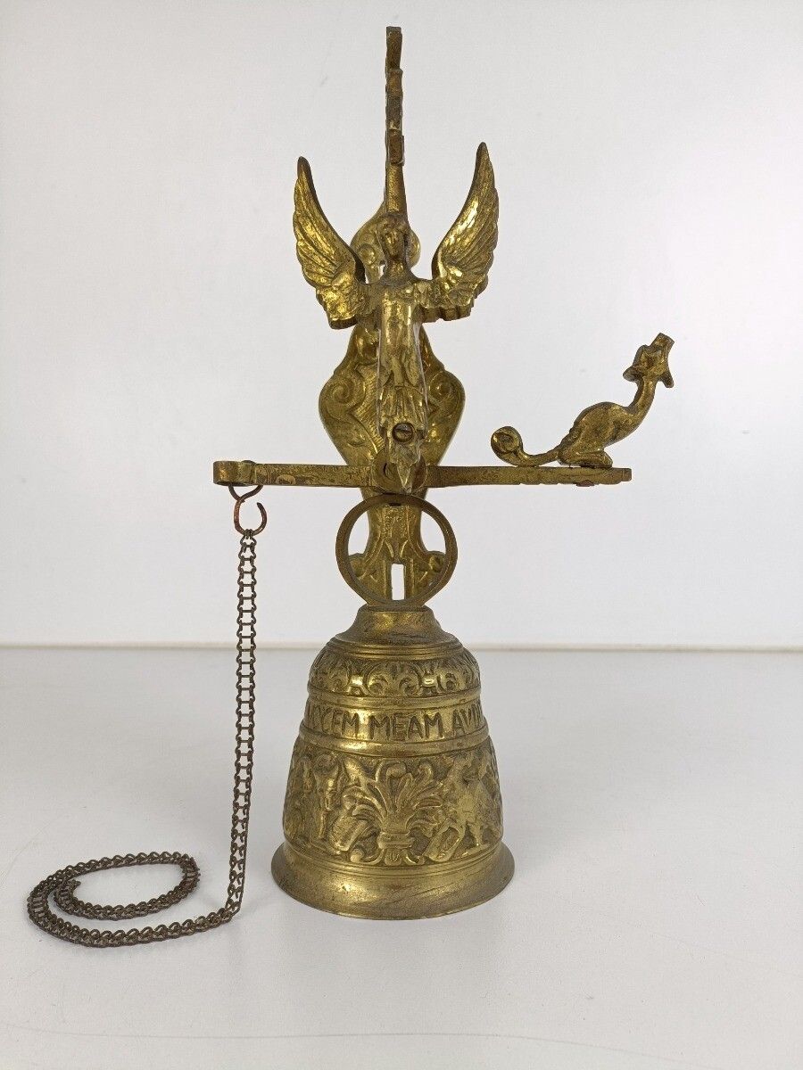 Large French Doorbell Knocker Brass Angel  Chime Pull Cord Chain  Front Door K photo 263.0