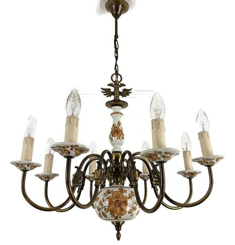 Chandelier Pottery Faience Porcelain Brass Flemish Dutch Style Eagles Polychrome