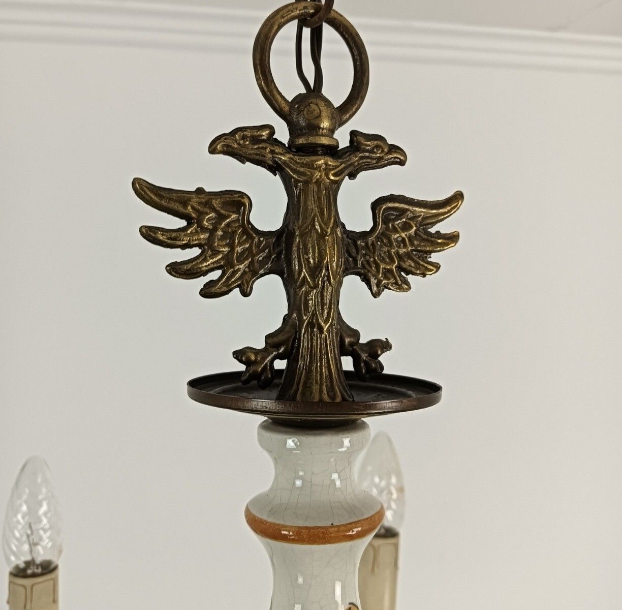 Chandelier Pottery Faience Porcelain Brass Flemish Dutch Style Eagles Polychrome photo Lighting