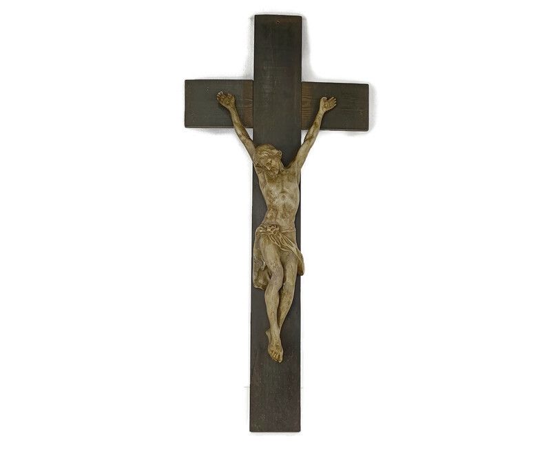 Xl Wood Hanging Church Crucifix Plaster Dramatic Corpus Piece Of Art Chapel Vint