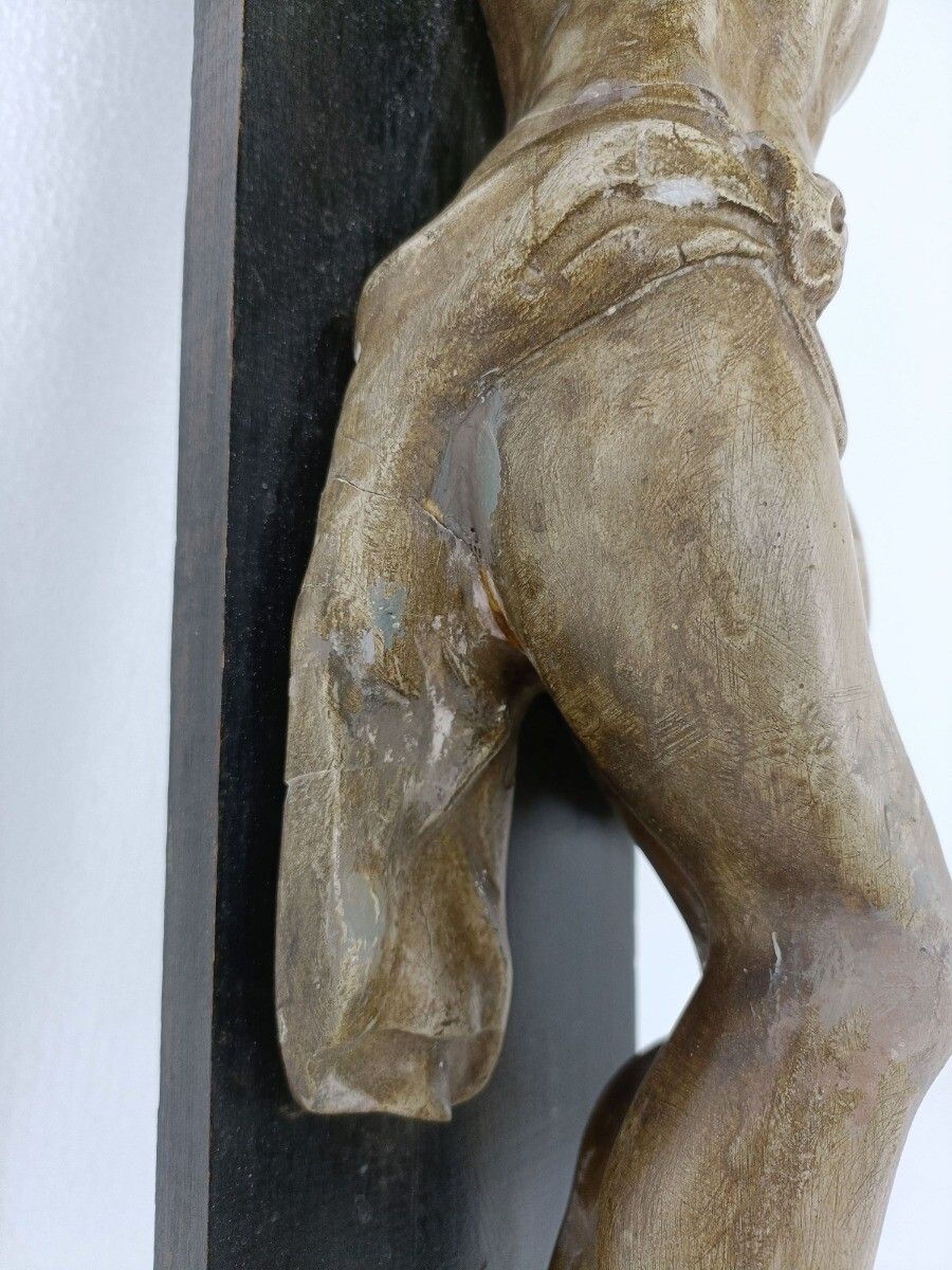Xl Wood Hanging Church Crucifix Plaster Dramatic Corpus Piece Of Art Chapel Vint photo vinterior
