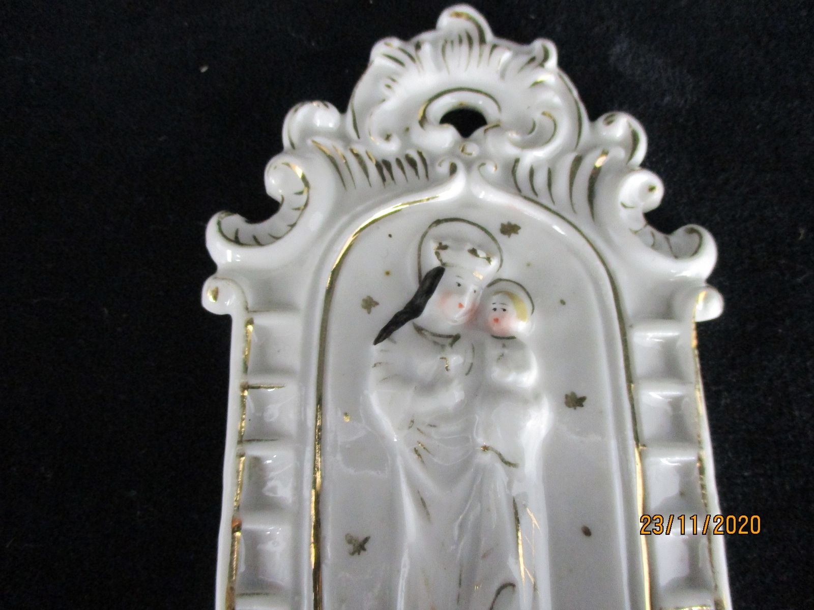 Antique French Holy Water Font Vessel Bisque Porcelain Virgin Mary Madonna With photo for sale