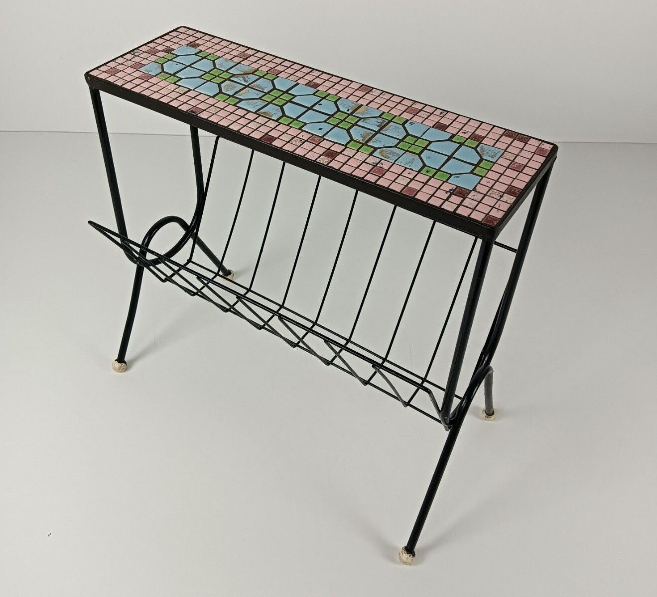 Vintage Wrought Iron Mid Century Magazine Rack Newspaper Basket Side Table Mosai photo buy