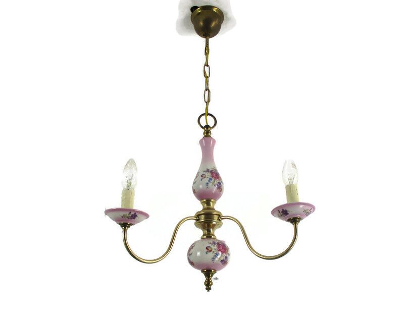 Romantic Chandelier 3 Arm Brass Pink Porcelain Flowers Mid Century Modern Italy
