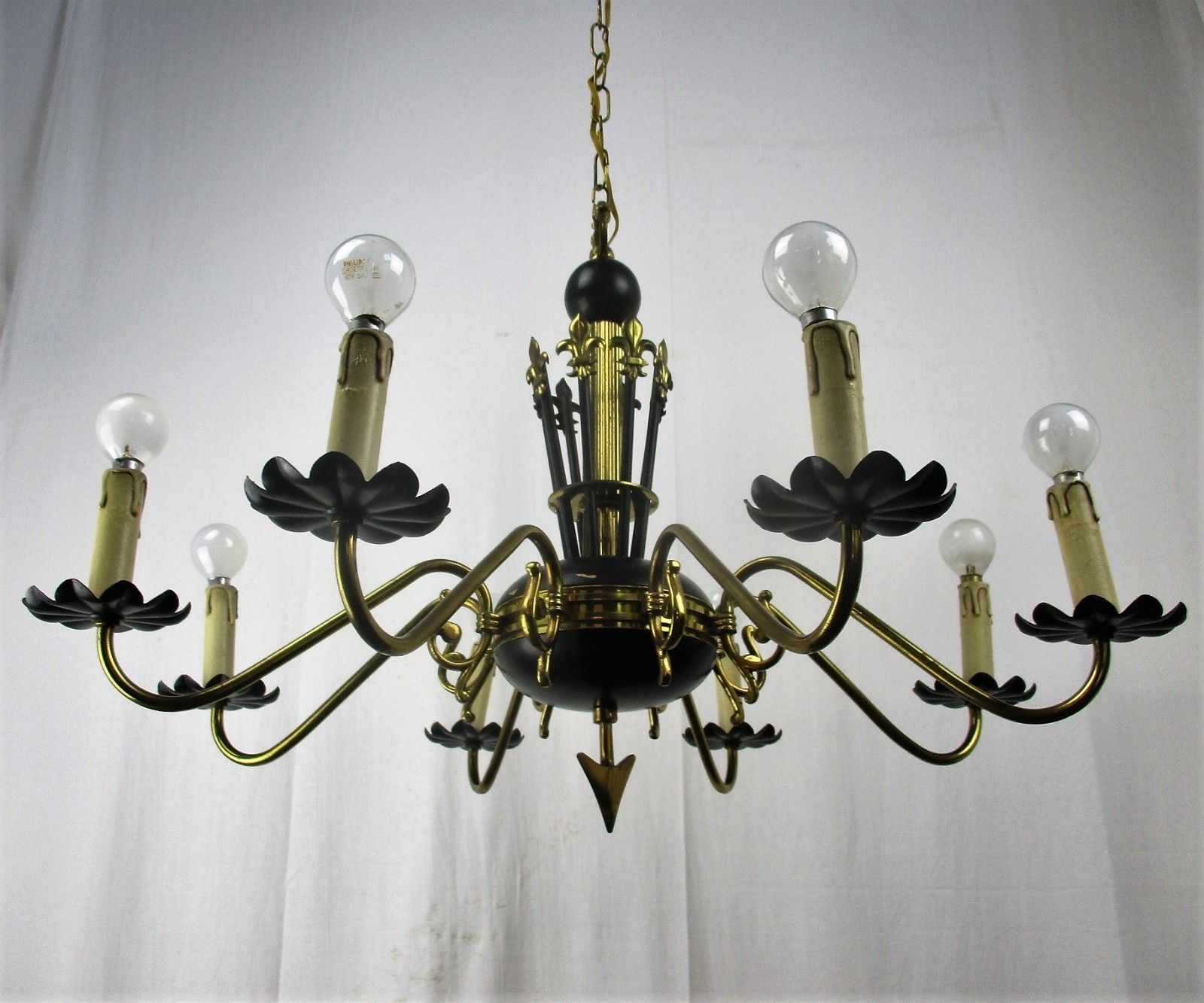French Wooden Brass 8 Arms Lights Chandelier French Empire Fleur De Lis Rare Htf photo Lighting