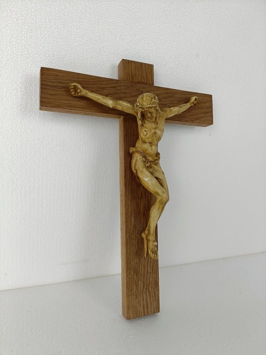 Xl Wooden Hanging Church Crucifix Plaster Dramatic  Corpus Piece Of Art photo for sale