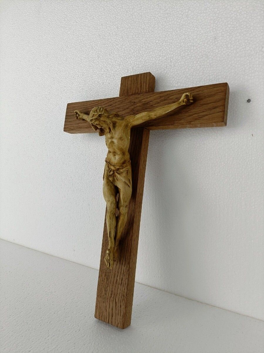 Xl Wooden Hanging Church Crucifix Plaster Dramatic  Corpus Piece Of Art photo Art
