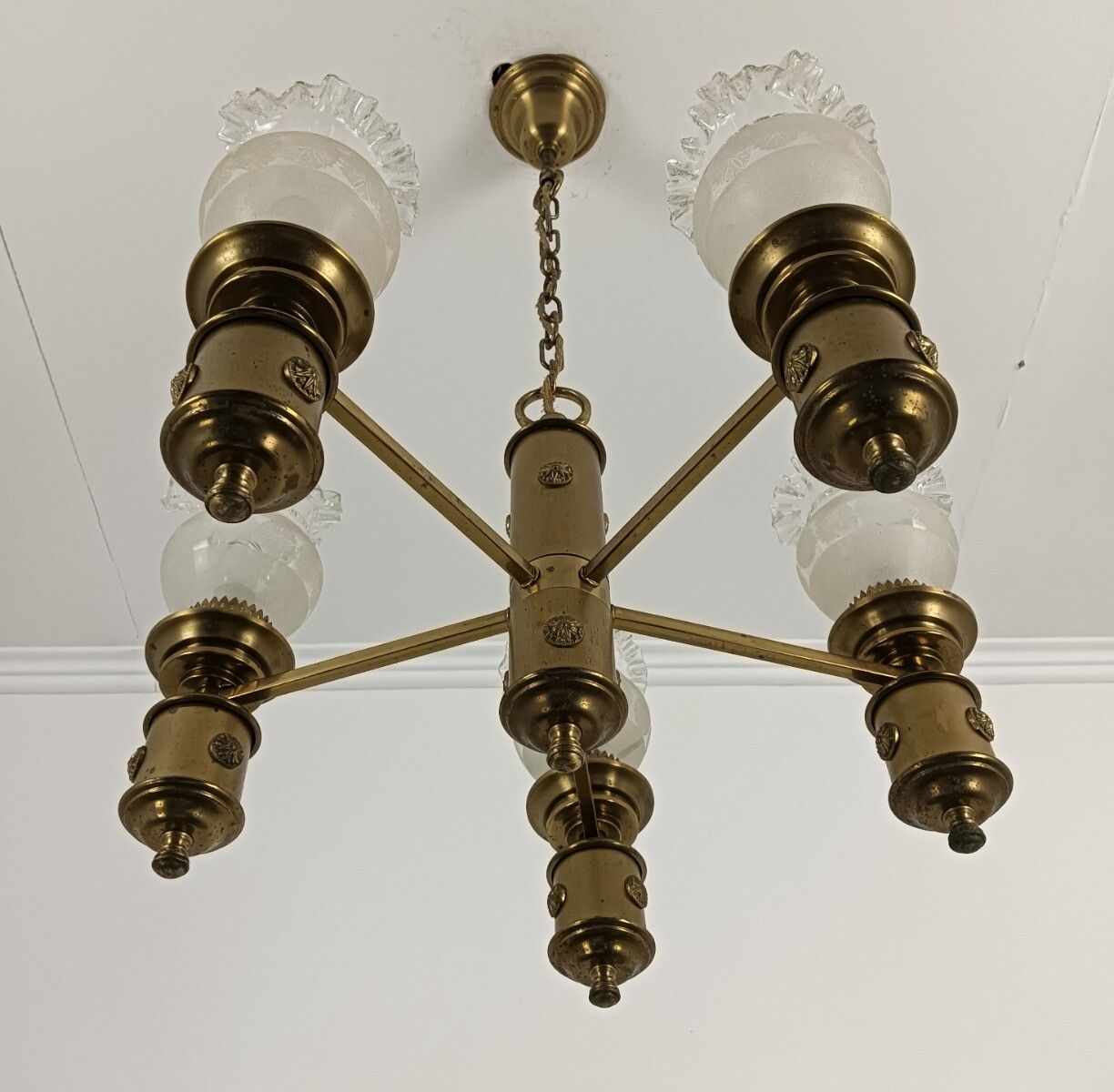 photo vinterior Italian Chandelier Vintage Brass Frosted Glass 5 Lights Very Special Fixture