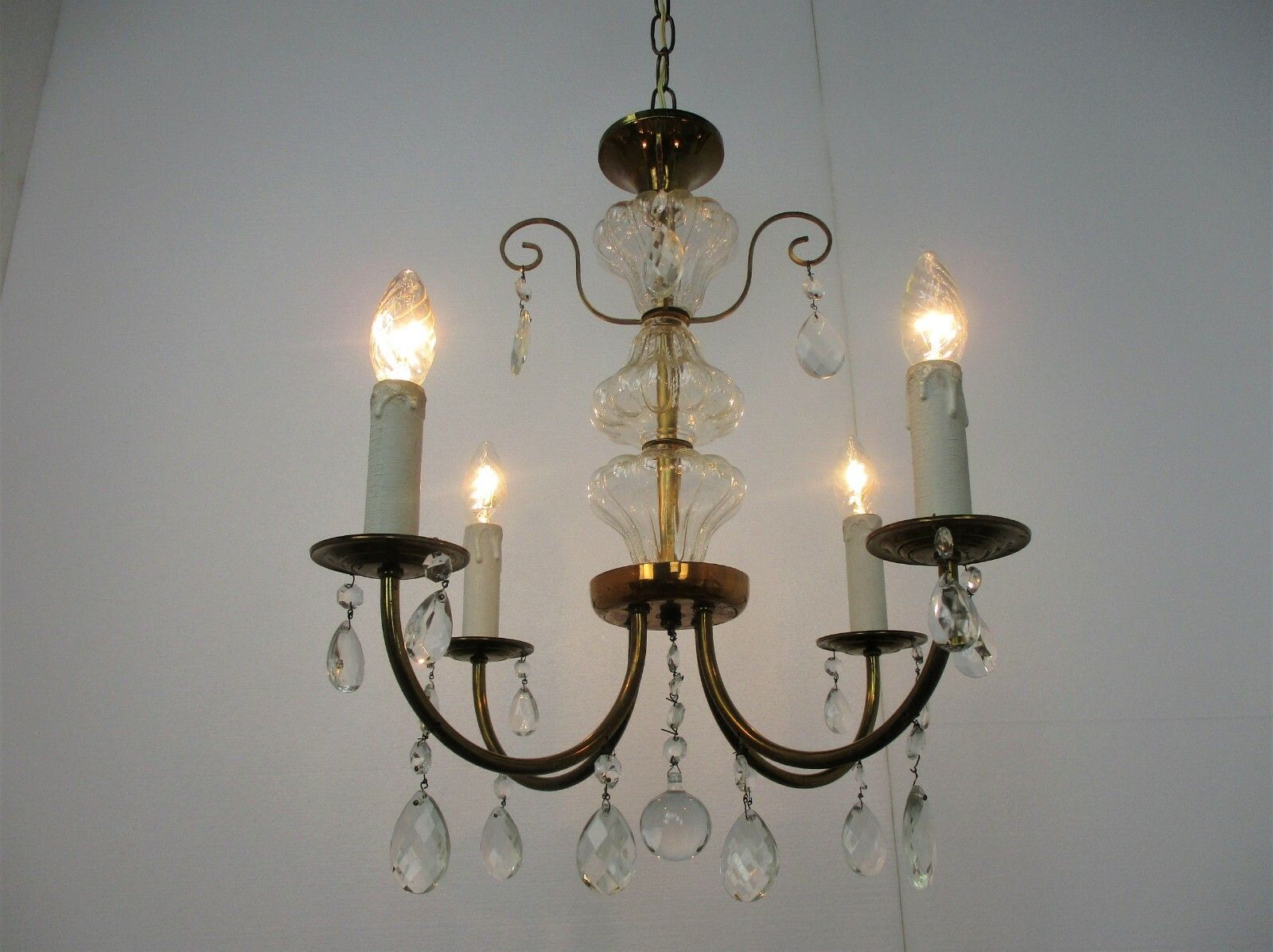 French Chandelier 4 Arms Lights Brass Prisms Hollywood Regency Marie Therese photo for sale