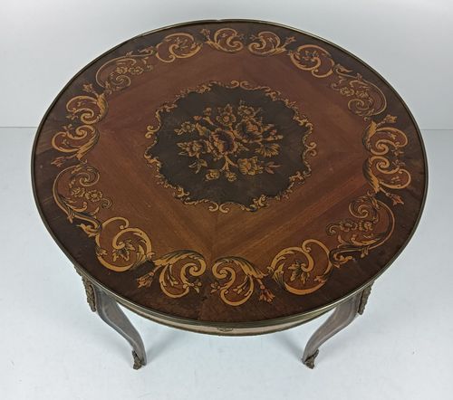 Round Italian Marquetry Wood Inlay Brass Trims Side Coffee Table Baroque Style V photo 768.0
