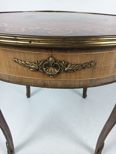 Round Italian Marquetry Wood Inlay Brass Trims Side Coffee Table Baroque Style V photo vintage