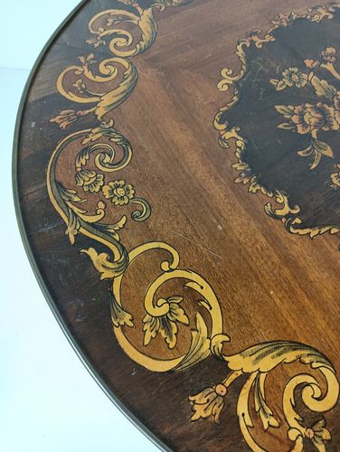 photo furniture Round Italian Marquetry Wood Inlay Brass Trims Side Coffee Table Baroque Style V