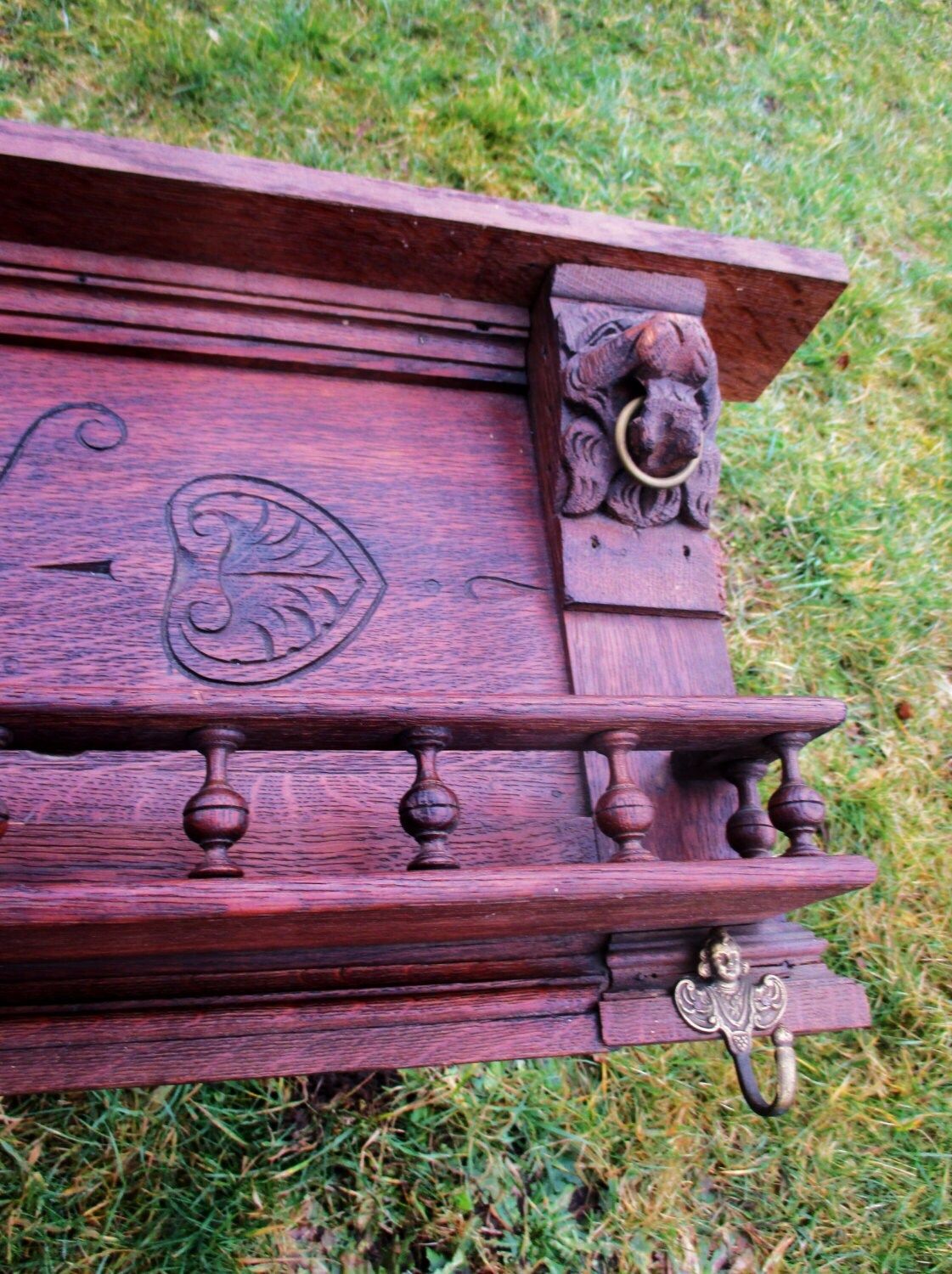Antique 20th Century Flemish Carved Oak Coat Hat Rack Lion Heads Amazing photo furniture
