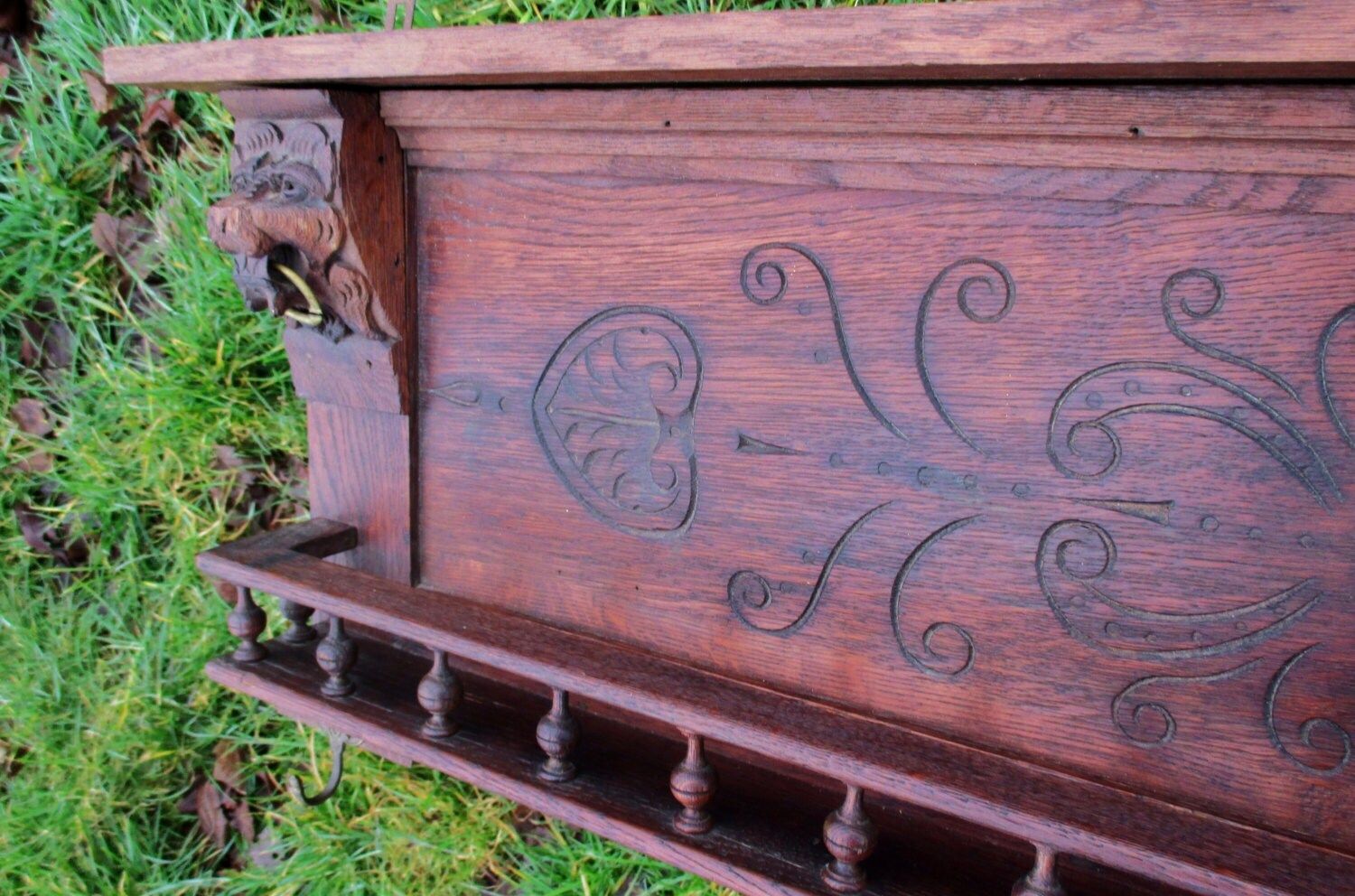 Antique 20th Century Flemish Carved Oak Coat Hat Rack Lion Heads Amazing photo Furniture
