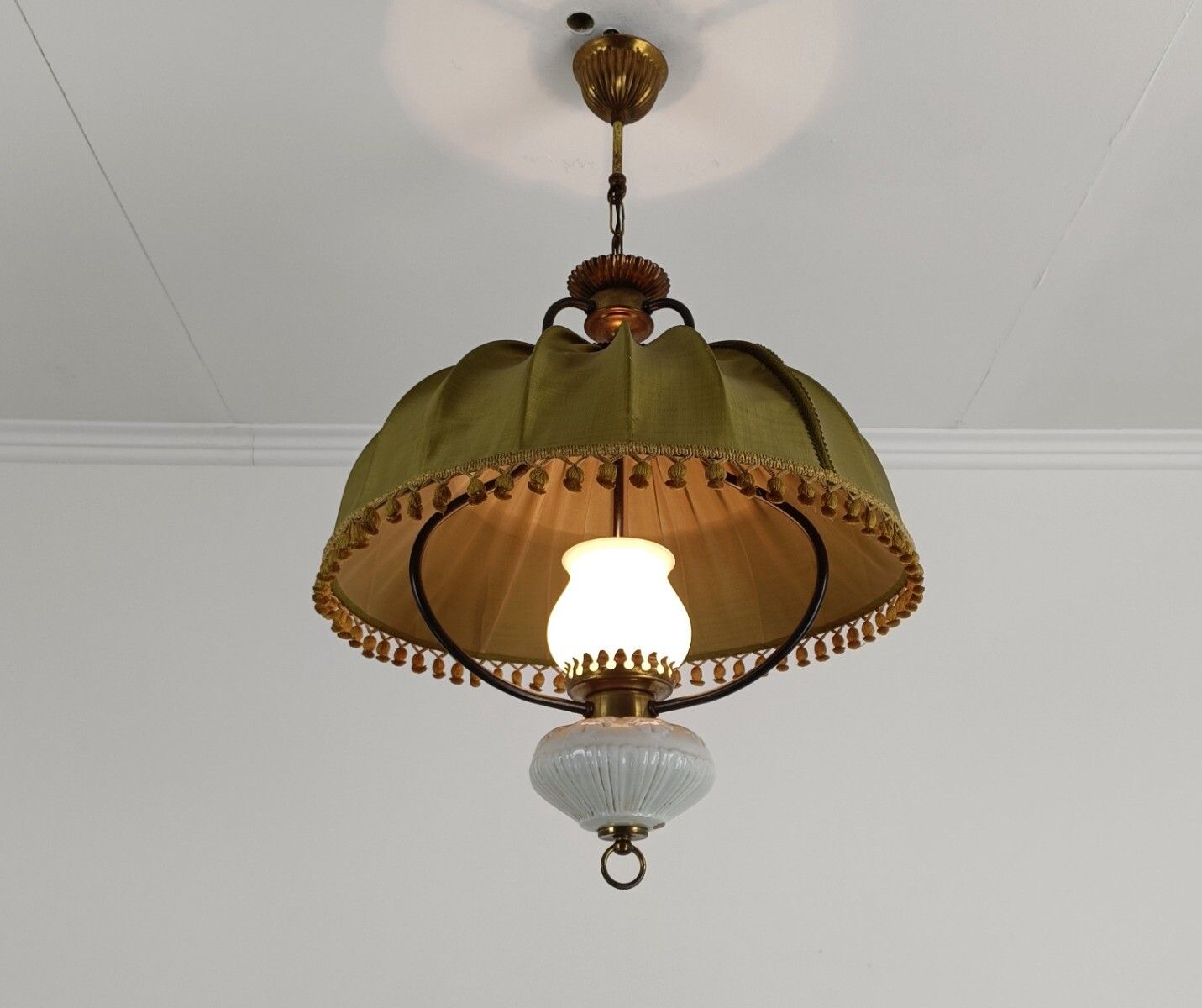 Special Chandelier Pendant Brass Glass Porcelain Fabric Antique 1 Light Fixture photo vintage
