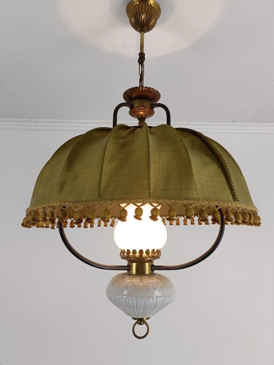 photo furniture Special Chandelier Pendant Brass Glass Porcelain Fabric Antique 1 Light Fixture