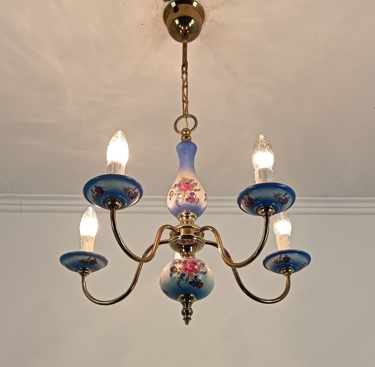 Italian Small Chandelier Porcelain Polychrome 5 Lights Arms Lovely Romantic Vint photo 244.0